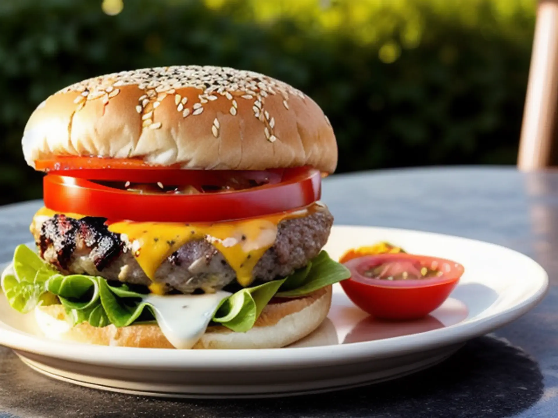 Sappige cheeseburger met verse groenten op witte serveerschaal