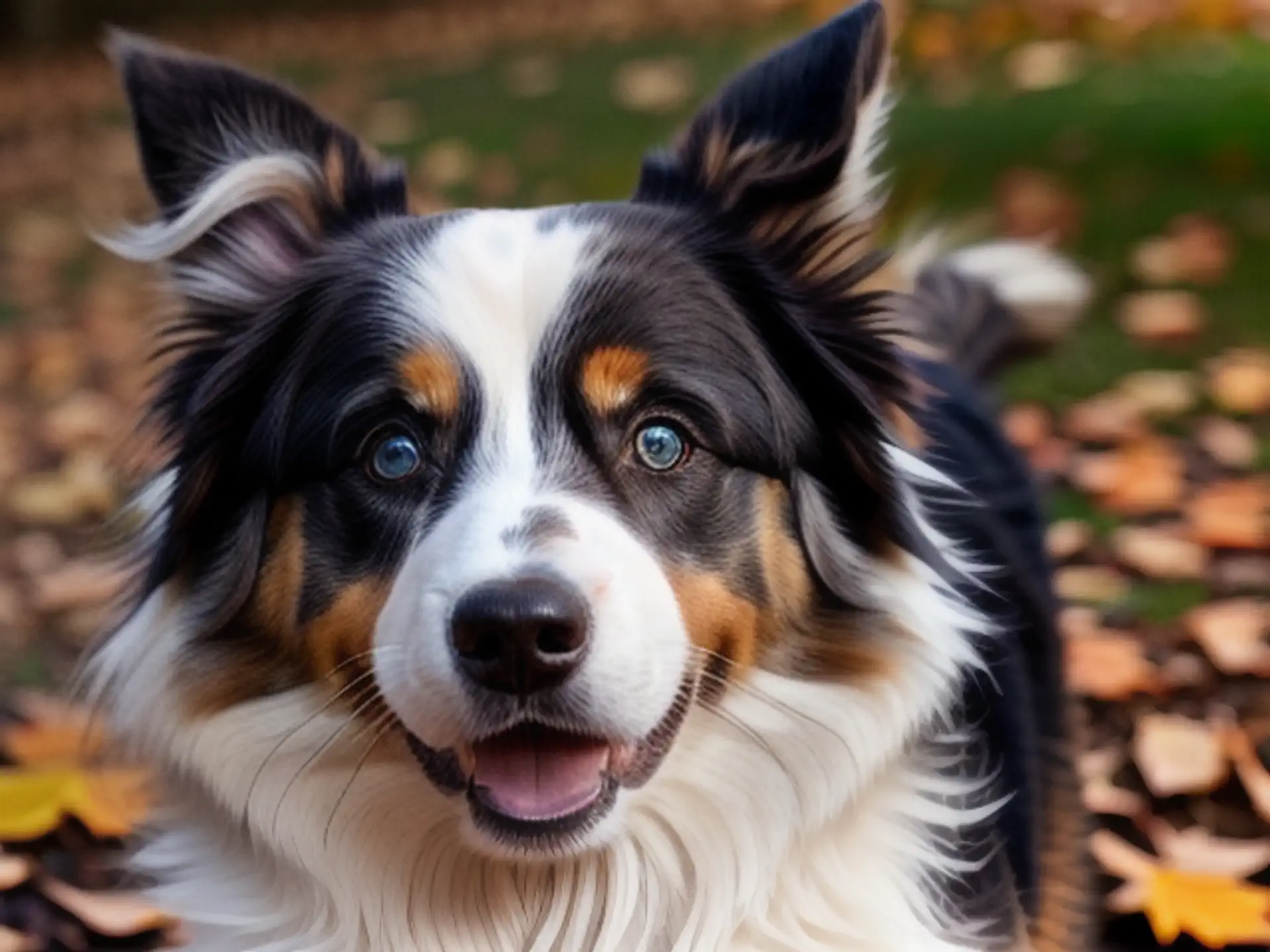 Vrolijke Australian Shepherd met blauwe ogen tussen herfstbladeren