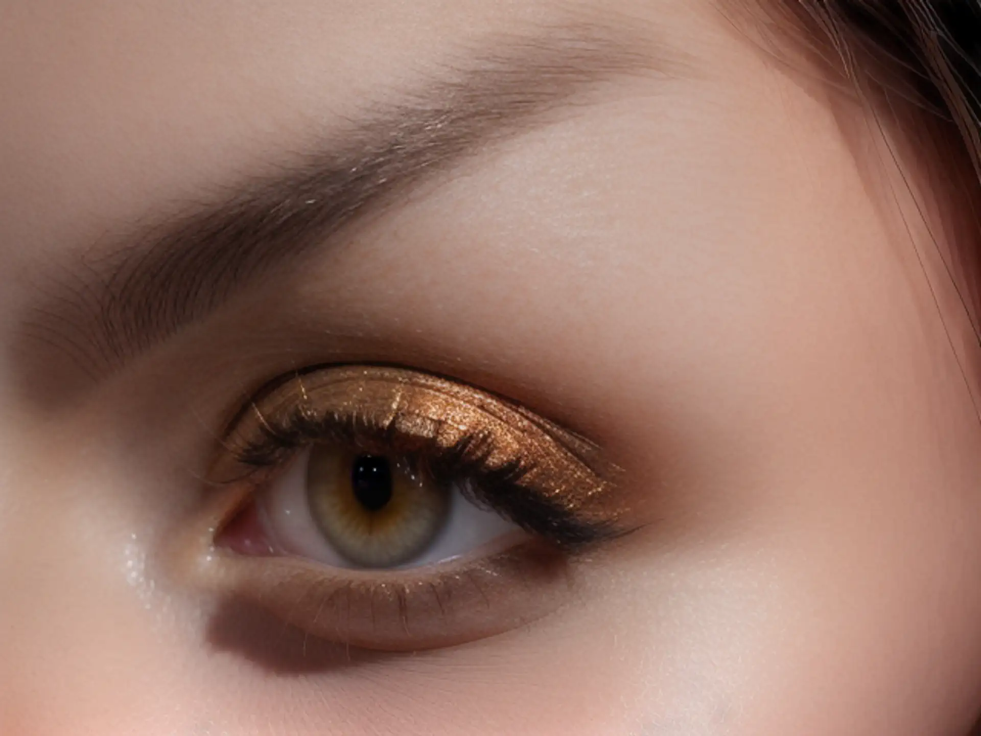 Gouden oogschaduw look met glanzende metallic make-up close-up