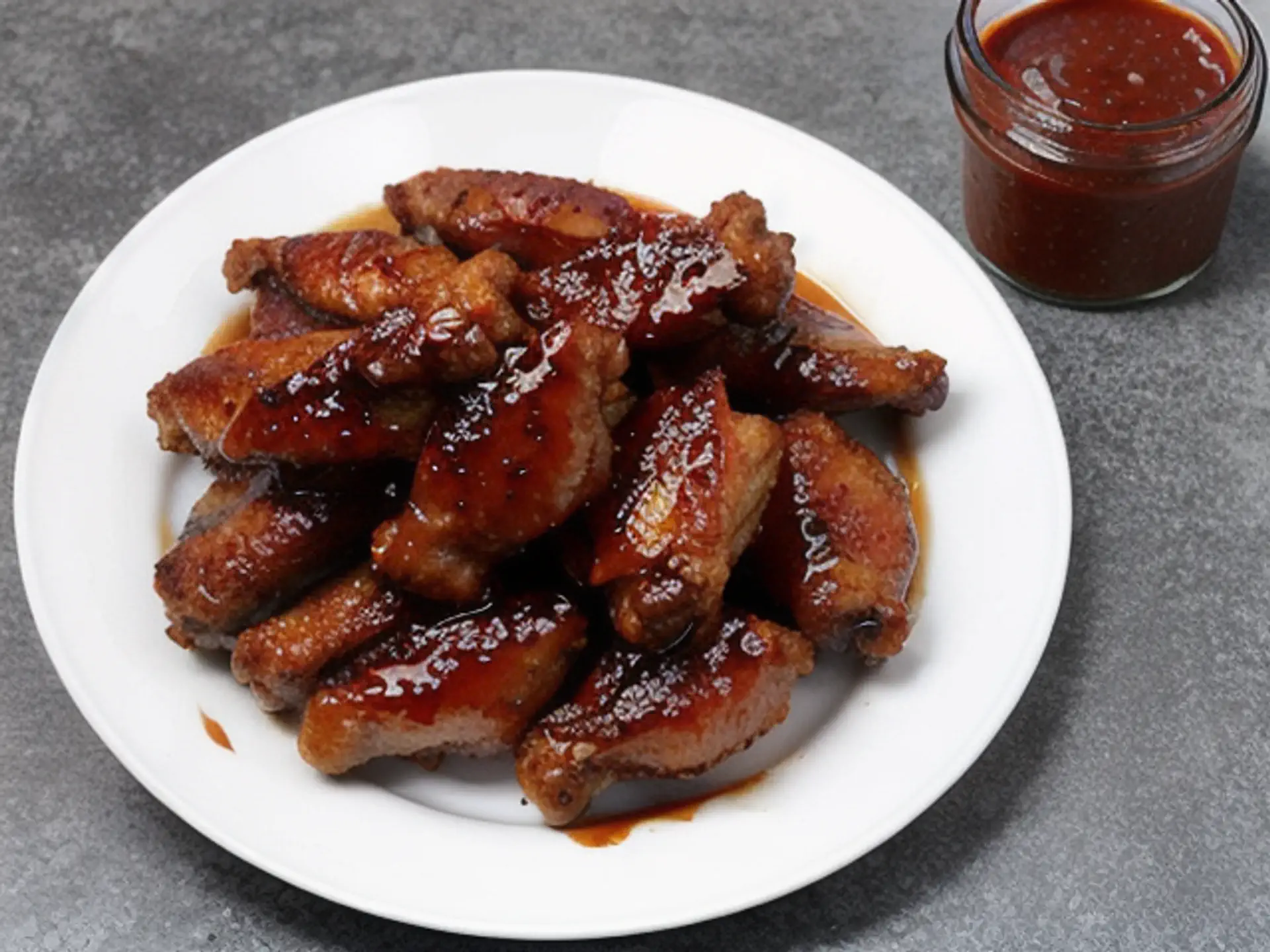 Gegrilde kippenvleugels met glanzende barbecuesaus op wit bord