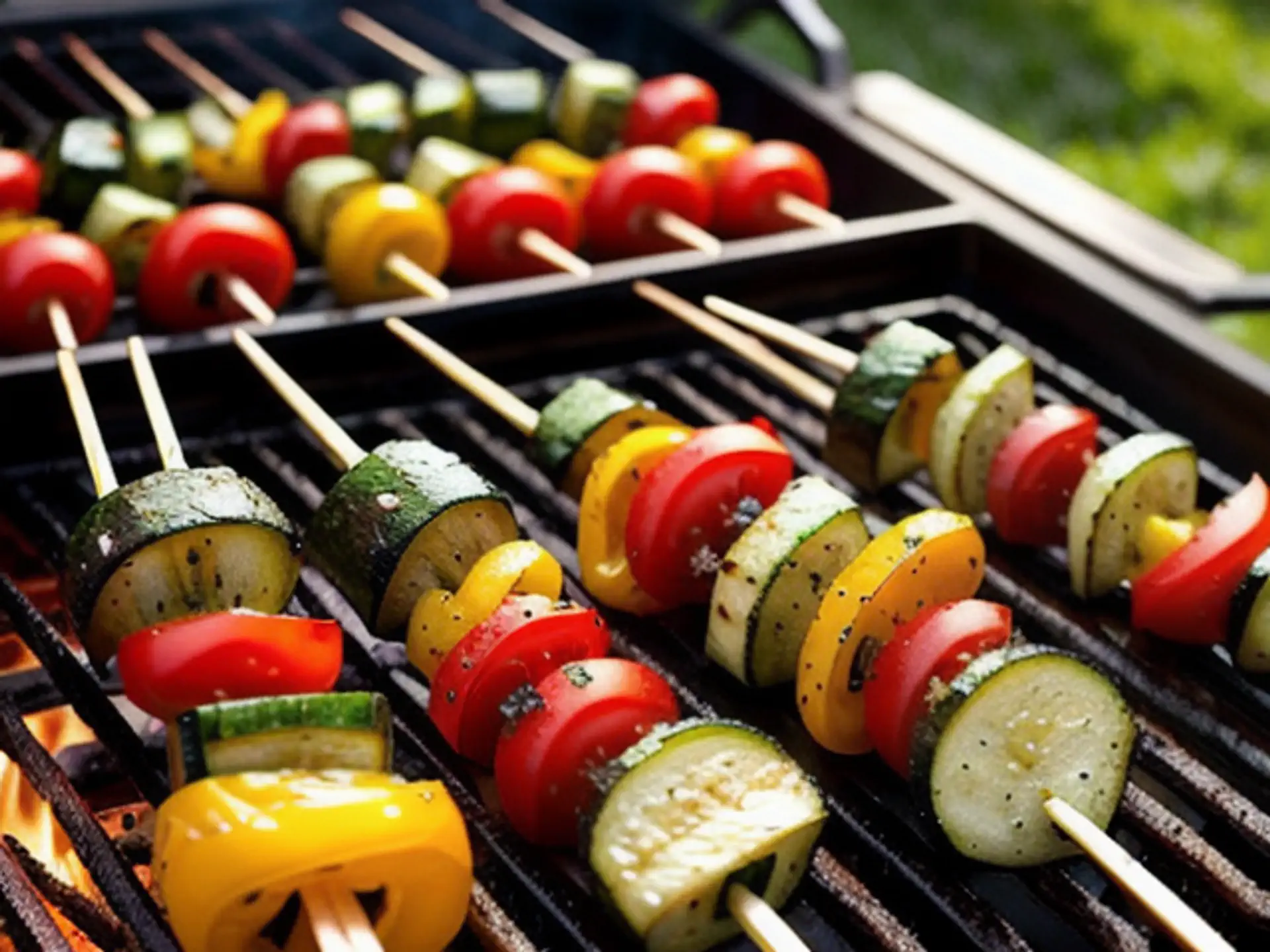 Kleurrijke groentespiesjes op barbecue met courgette en paprika