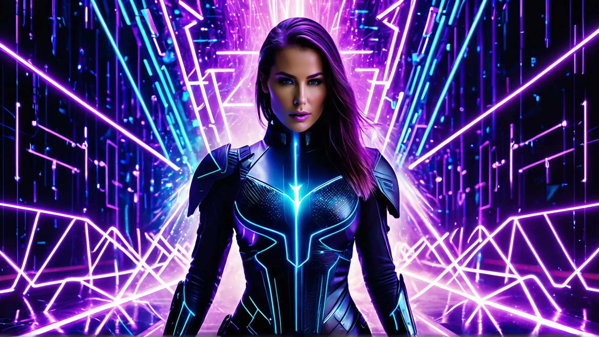 Futuristisch portret met neon effecten en cyberpunk kostuum