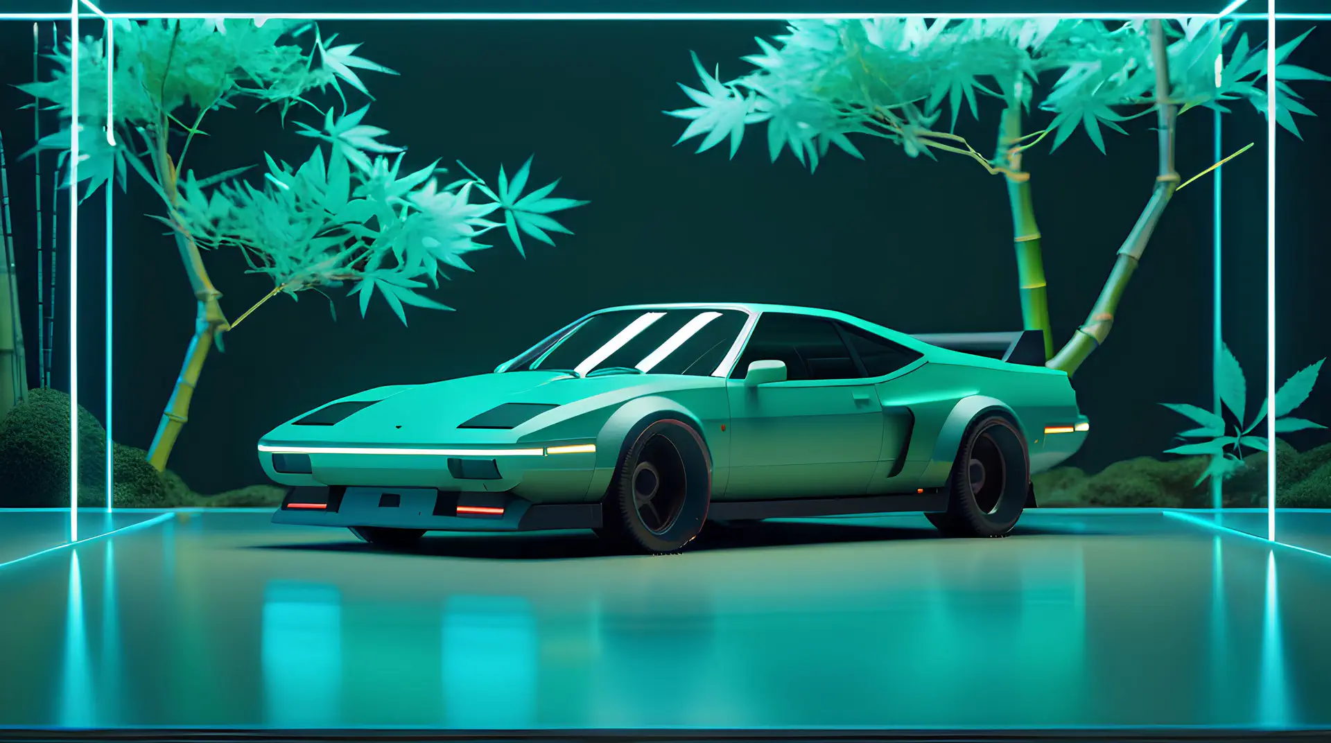 Mintgroene Retro Sportwagen in Moderne Zen Setting 4K Wallpaper