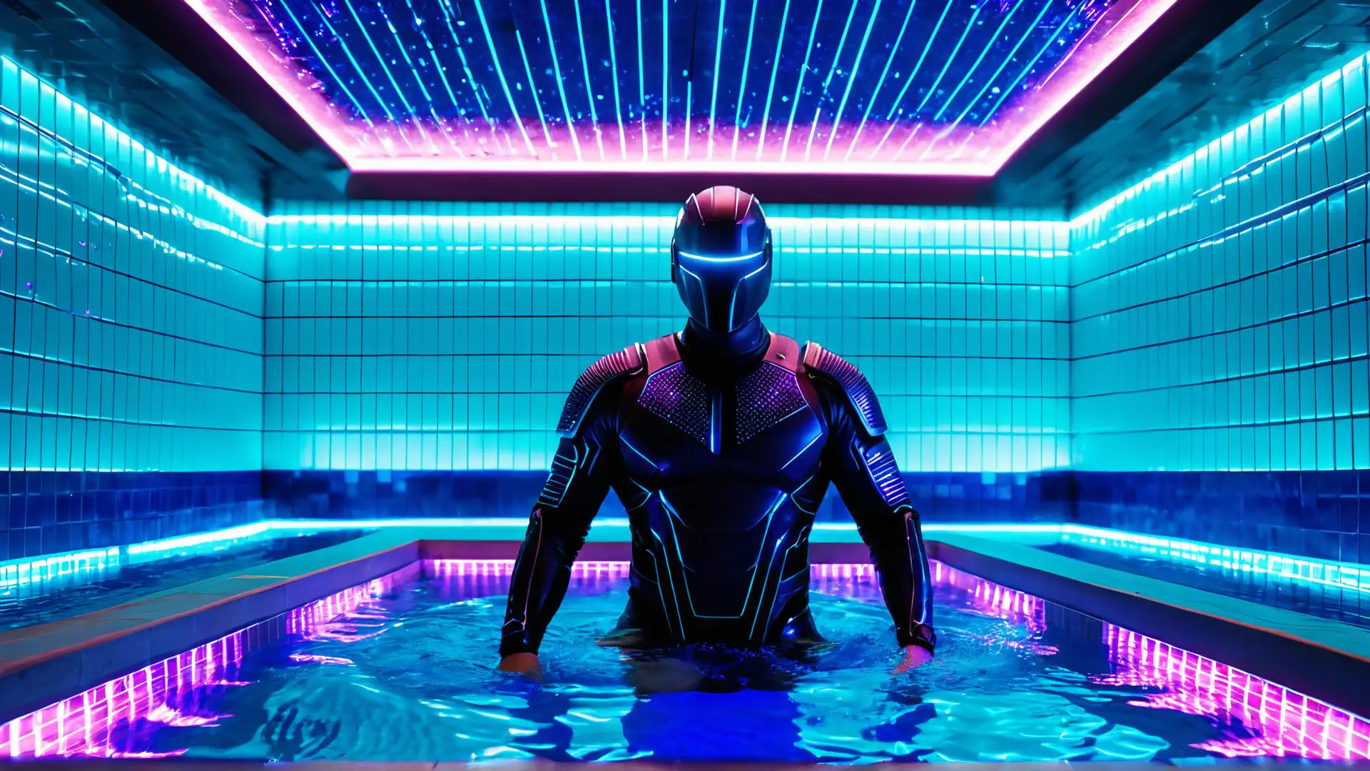 Futuristisch robotpak in neonverlicht zwembad met cyberpunk sfeer