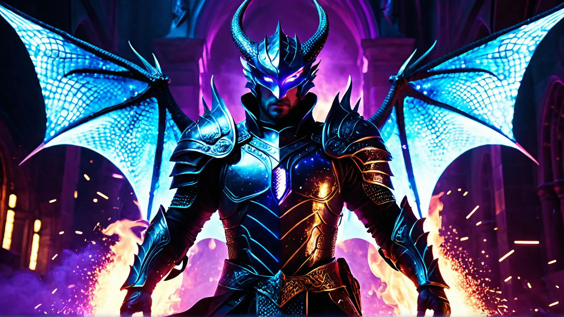 Epische drakenridder in mysterieus neonverlicht fantasierijk harnas