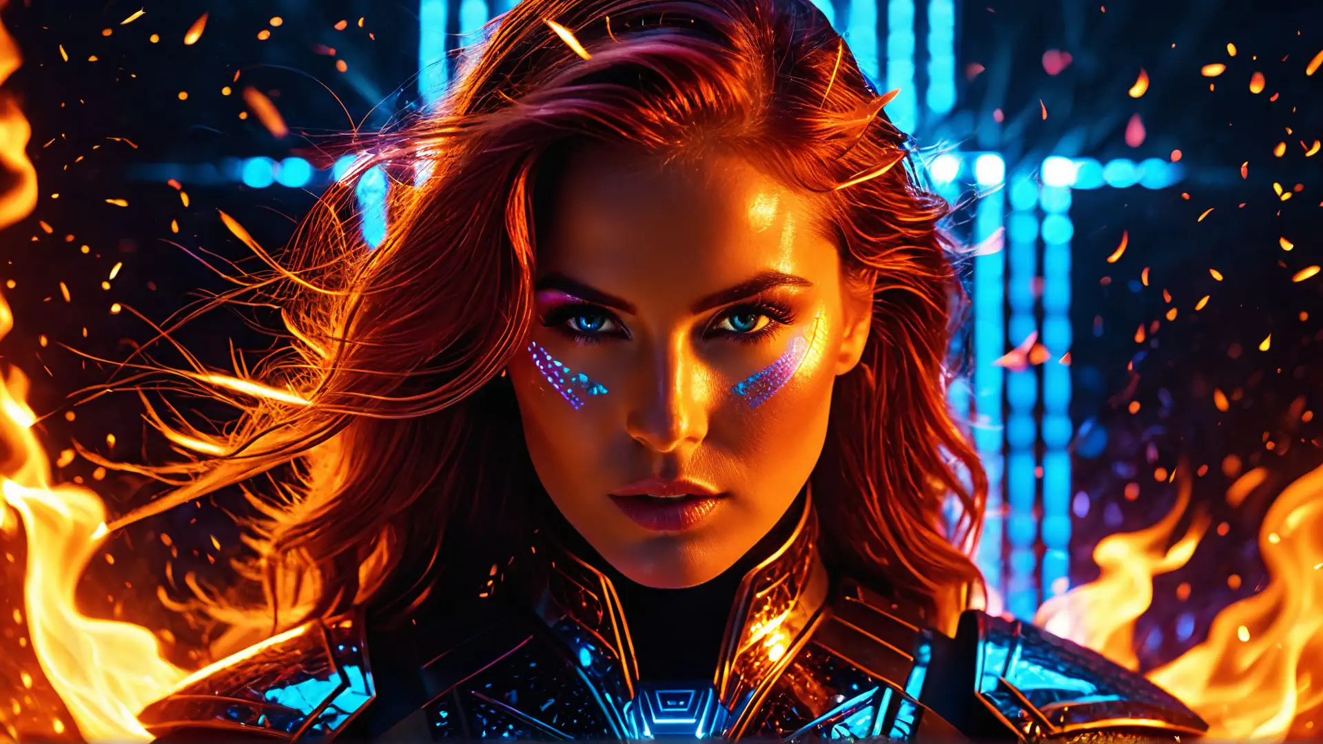 Futuristische fantasy portretfoto met vuur en neon effecten
