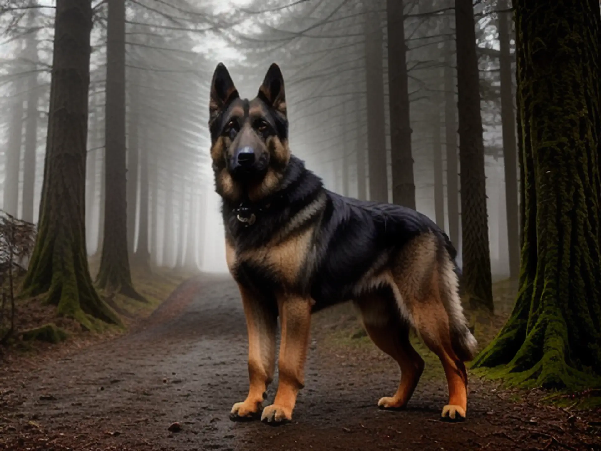 Majestueuze Duitse herder in mistig dennenbos tijdens