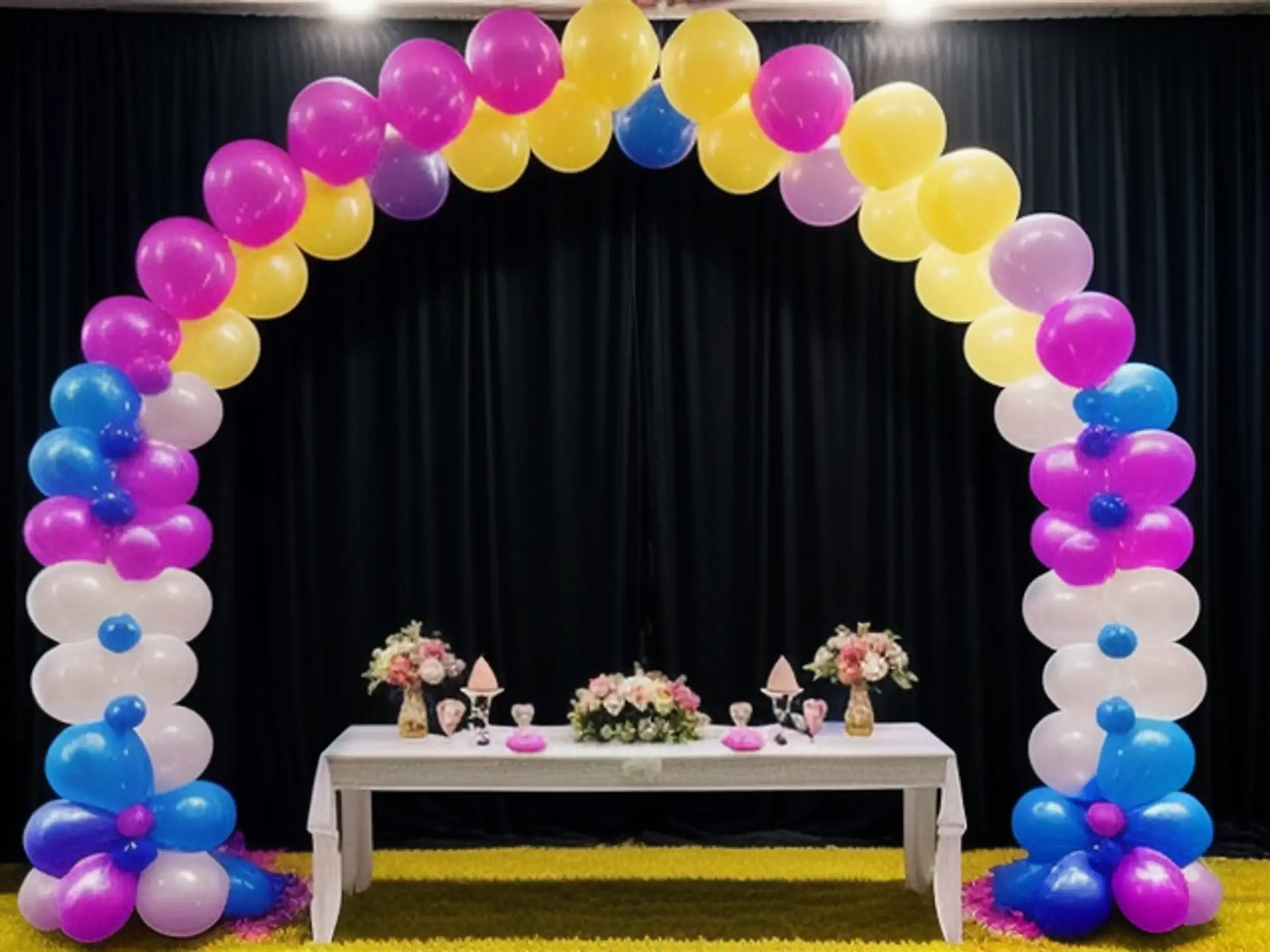 Feestelijke ballonnenboog met witte ceremonie tafel en bloemstukken