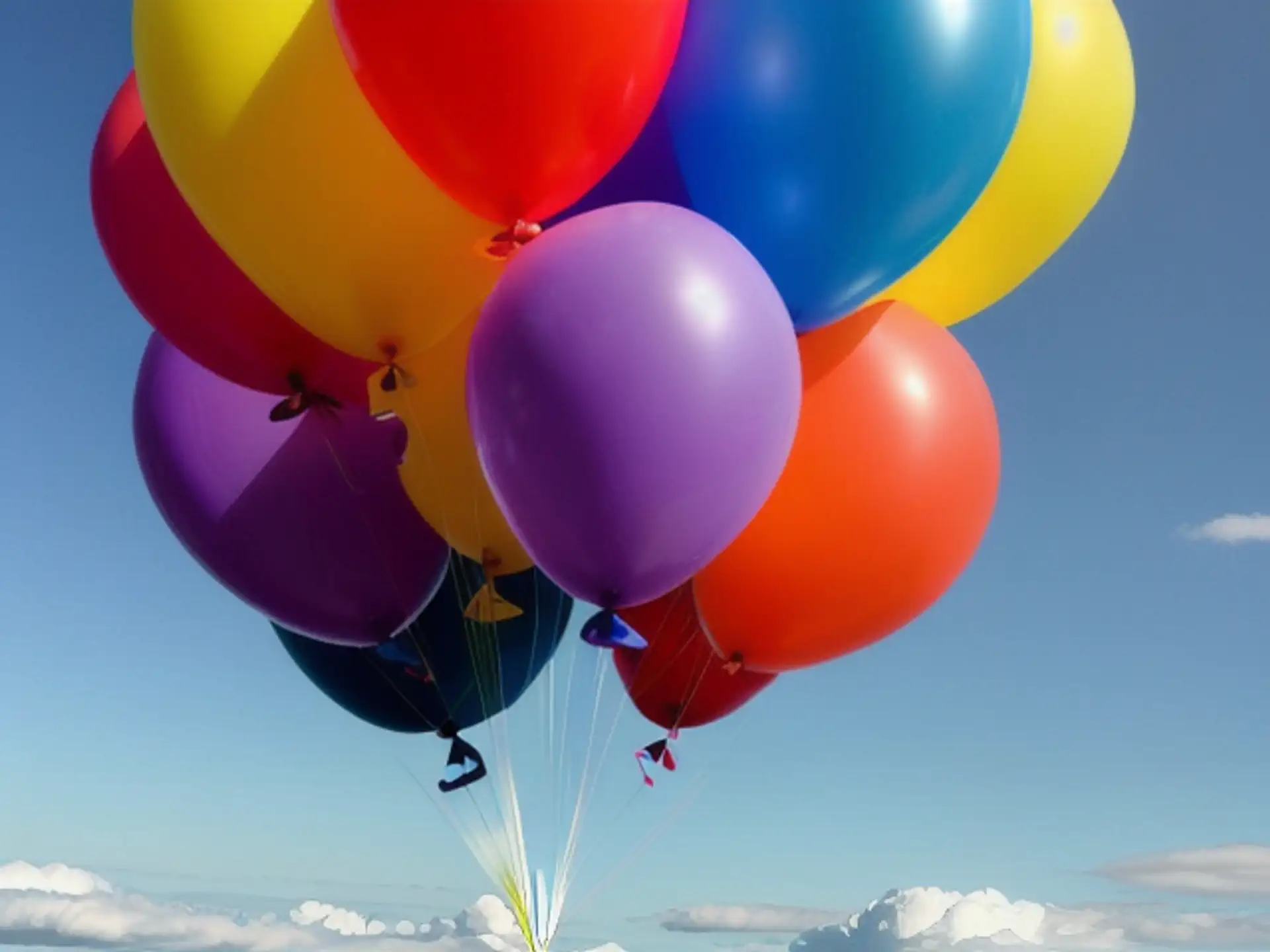 Kleurrijke feestballonnen tegen strakblauwe zomerlucht met wolken