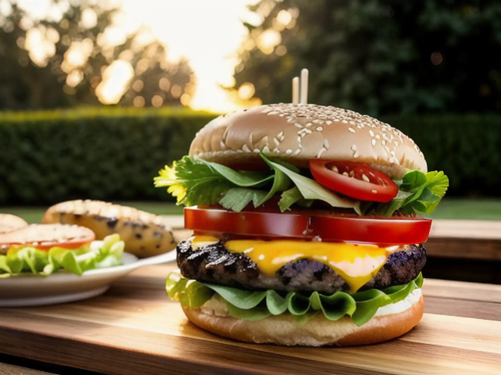 Sappige cheeseburger op houten plank tijdens zomerse barbecue