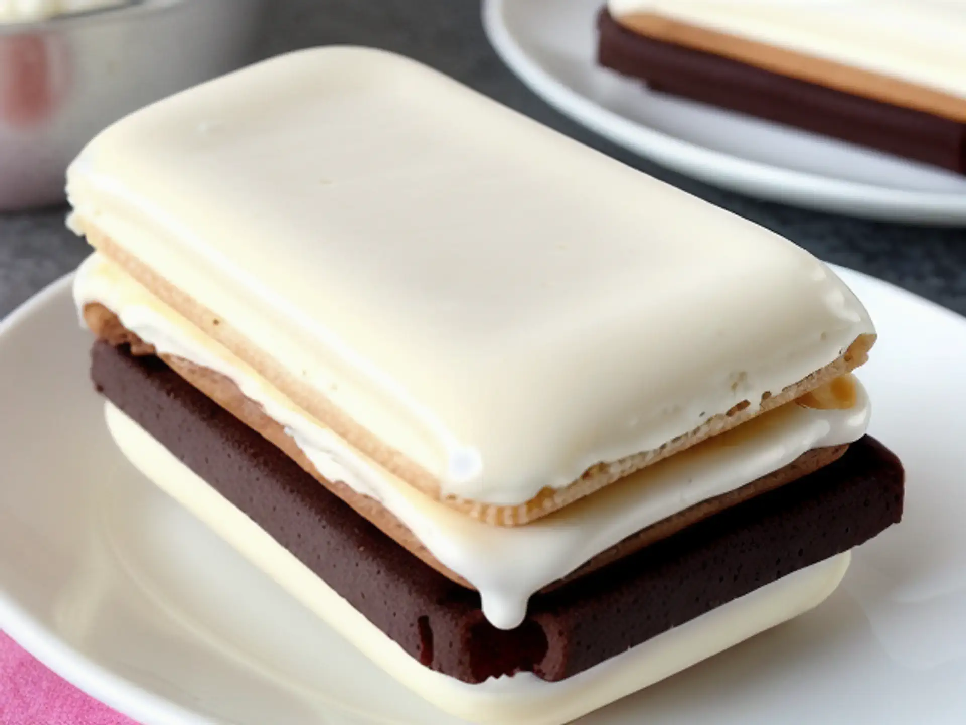 Luxe chocoladekoek met witte glazuurlaag op wit porseleinen bord