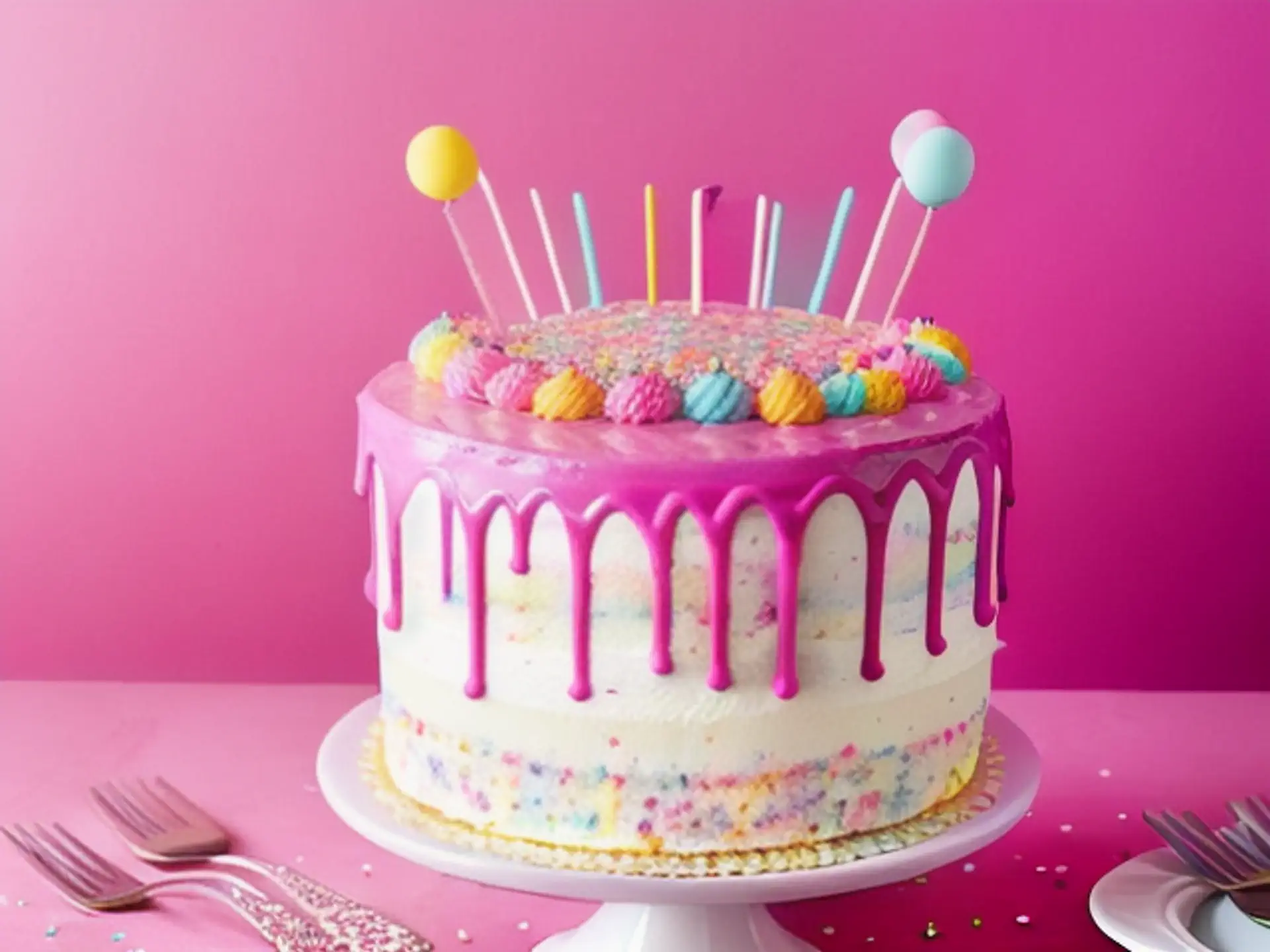 Feestelijke dripcake met roze glazuur en kleurrijke versiering