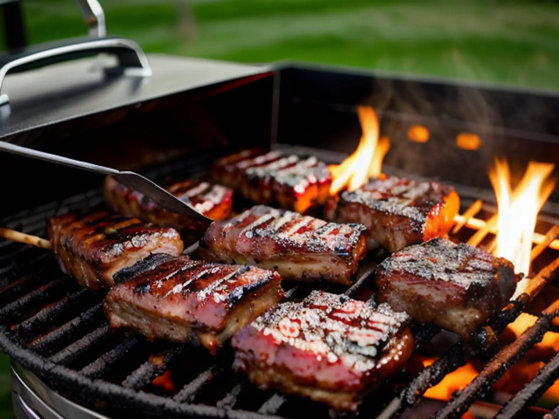 Sappige biefstuk op vlammende barbecue met perfecte grillstrepen