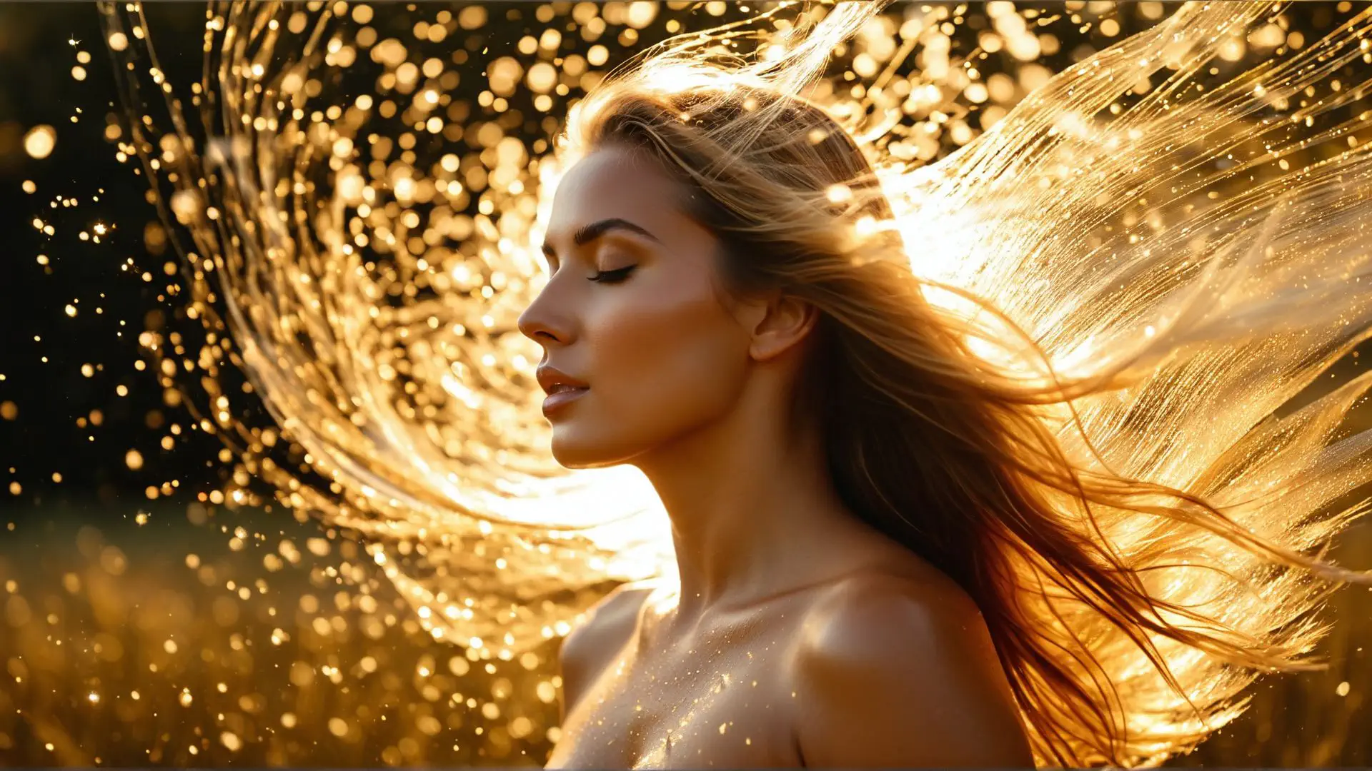 Magisch gouden zonsondergang portret met wapperend haar in tegenlicht