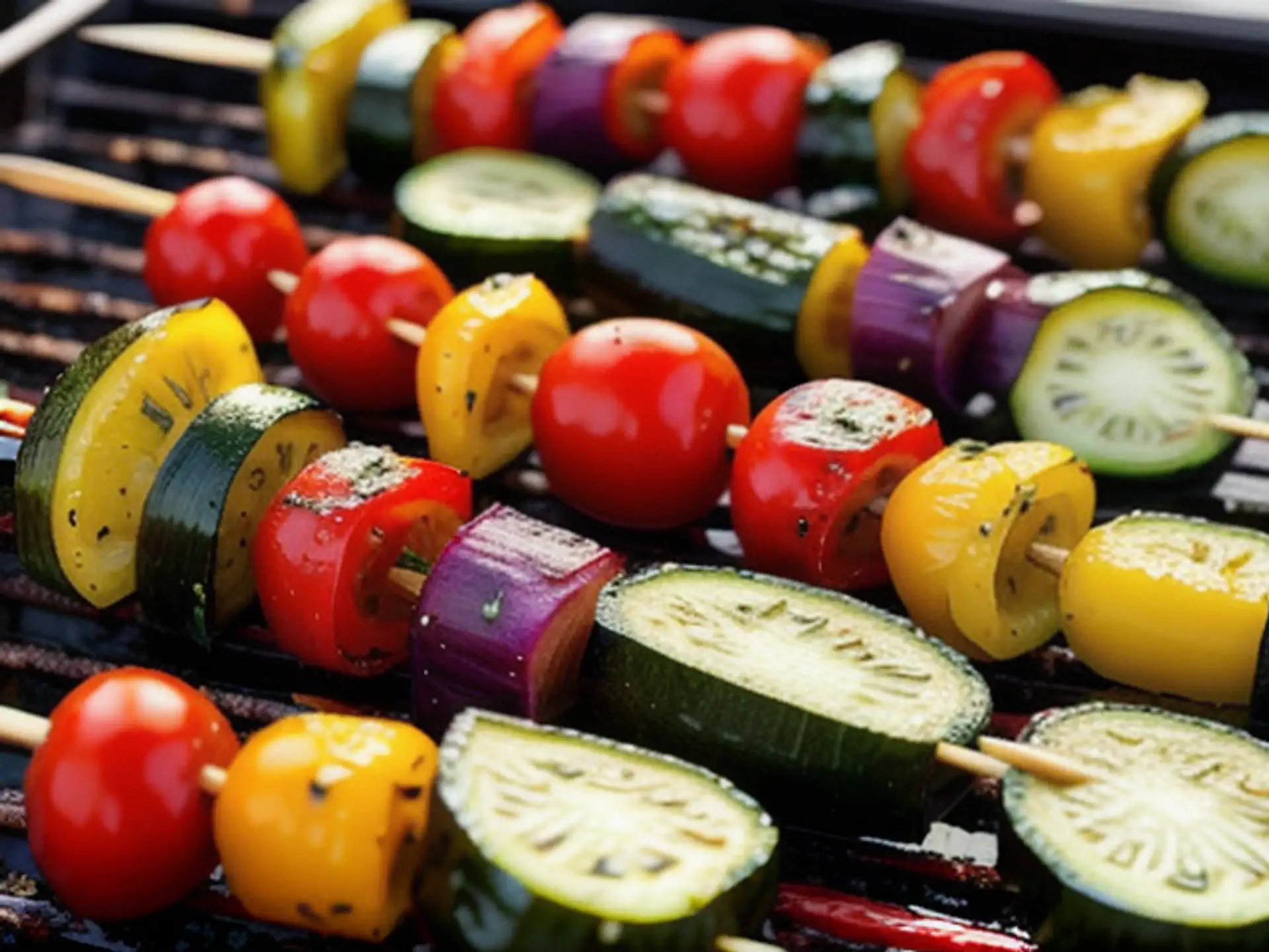 Kleurrijke groentespiesjes op barbecuerooster