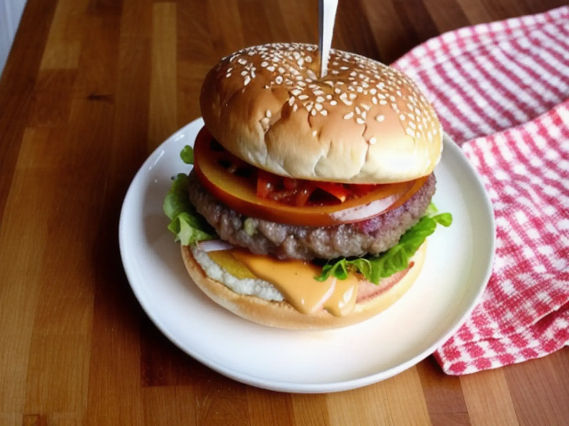Sappige hamburger met kaas op sesambol naast rood-wit servet
