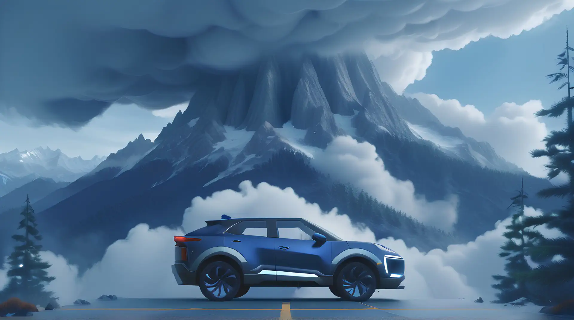 Blauwe Elektrische SUV op Bergpas met Dramatisch Wolkenlandschap 4K Wallpaper