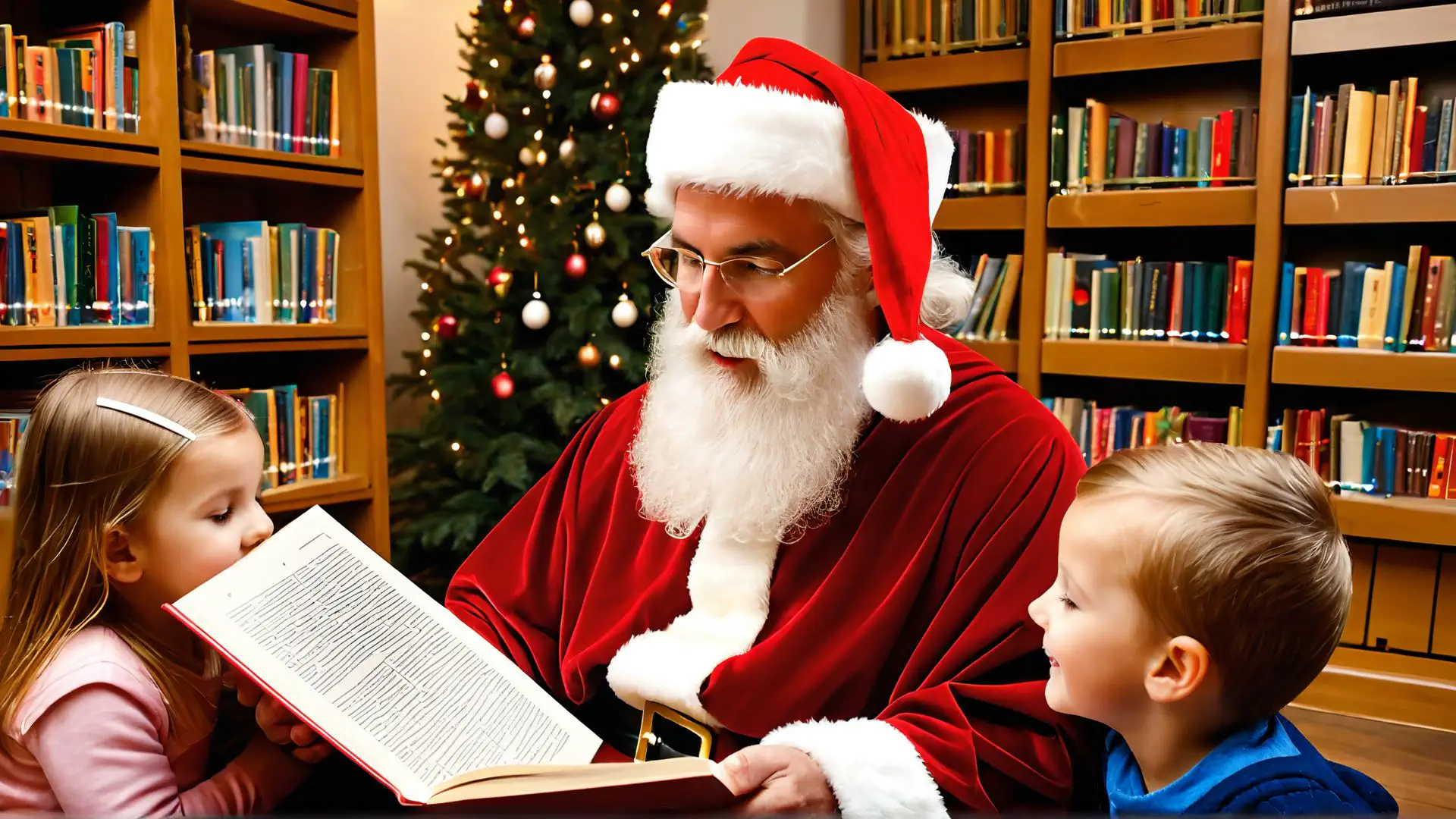 Kerstman leest magisch verhaal voor in bibliotheek met kerstboom
