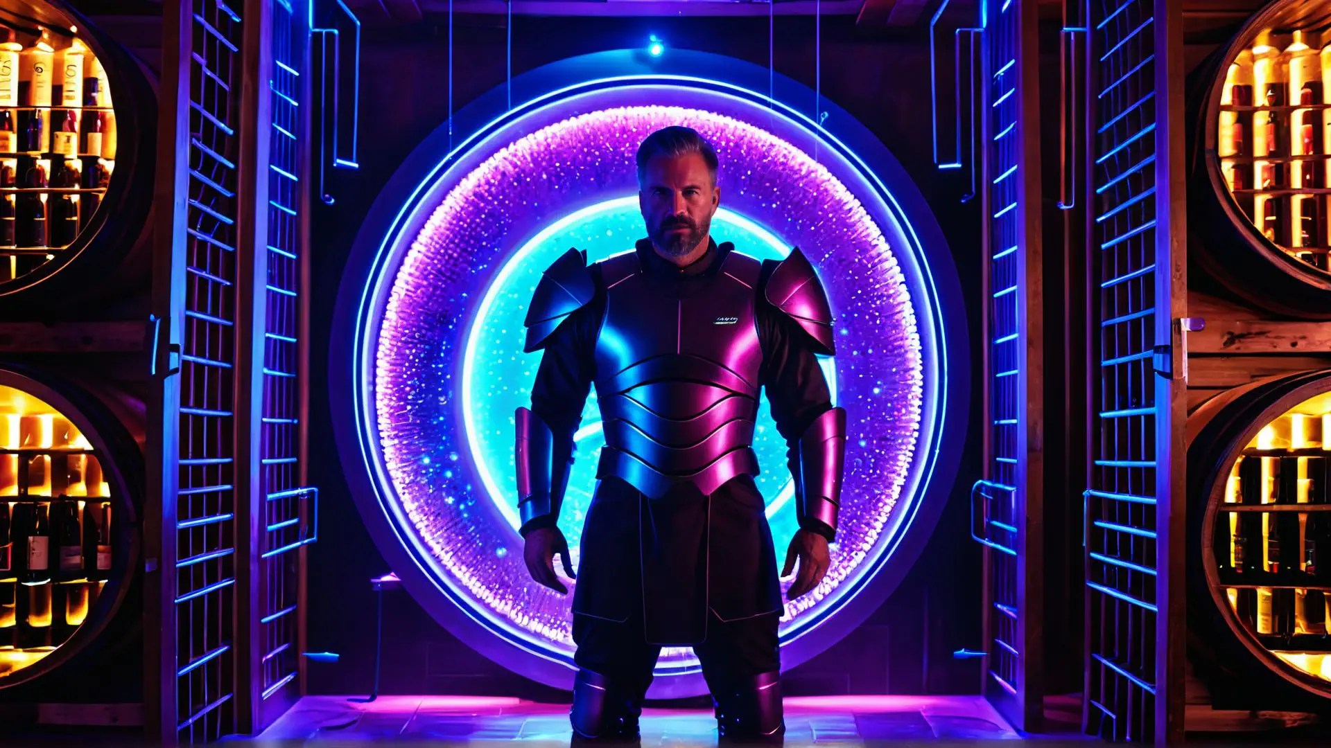 Futuristisch harnas in neonverlichte cyberpunk omgeving met portaal