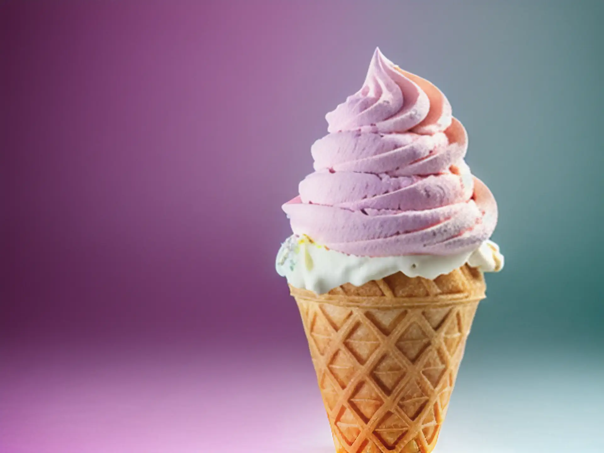 Romig roze softijs in knapperige wafelhoorn tegen kleurrijke