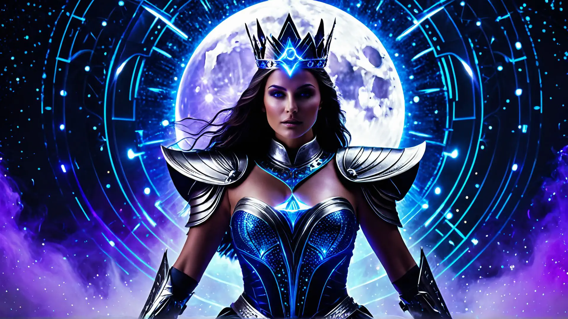 Mystieke krijger koningin in blauw harnas voor volle maan fantasy art
