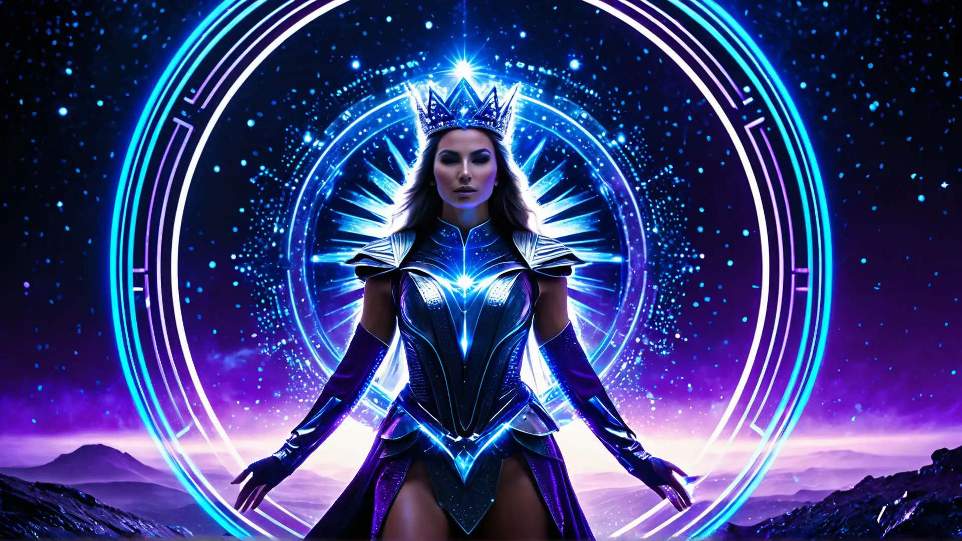Magische fantasy koningin in futuristisch neonblauw landschap