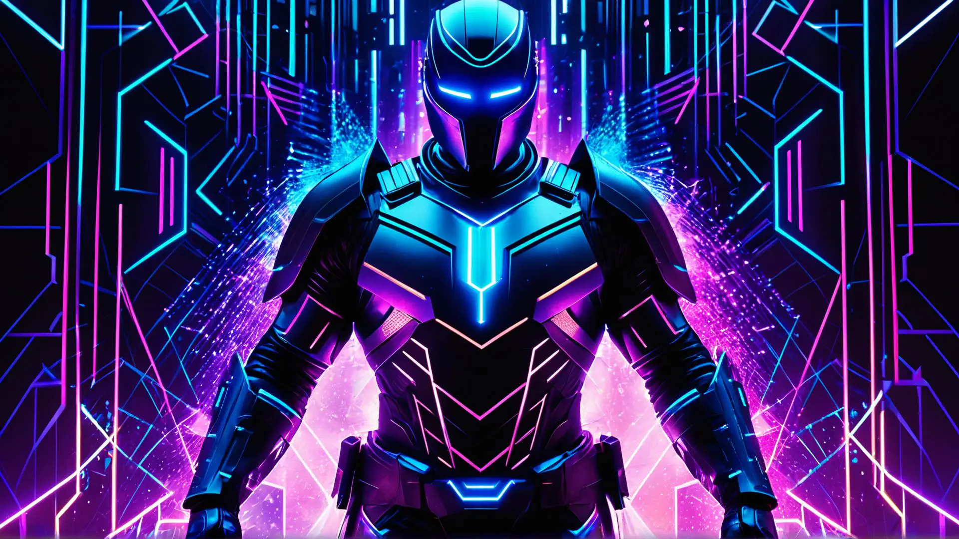 Futuristische robot in neon cyberpunk stijl met paarse en blauwe