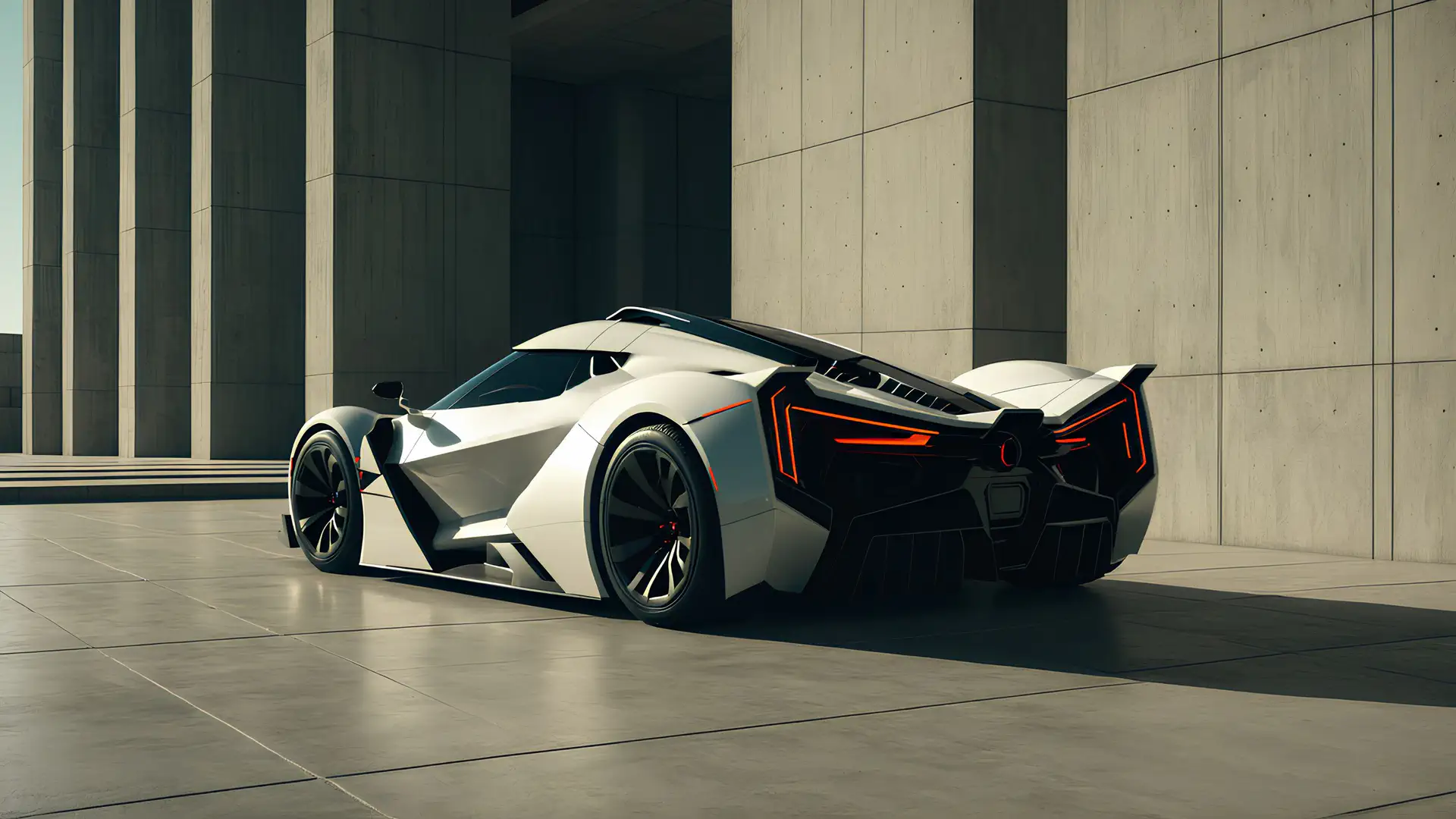 Wit-Geometrische Concept Hypercar met Rode Lichtaccenten in Minimalistische Betonarchitectuur