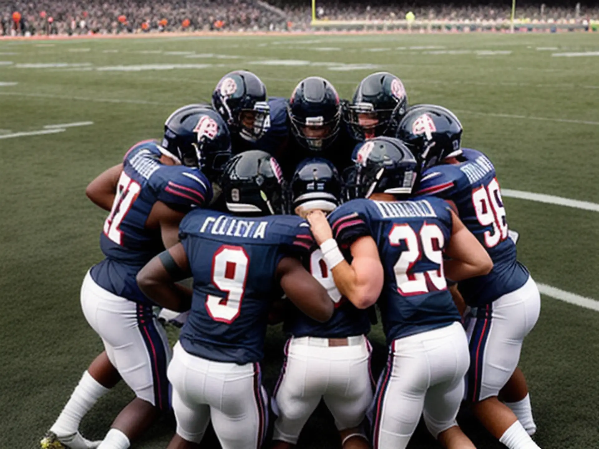 American Football teamoverleg tijdens spannende wedstrijd op veld