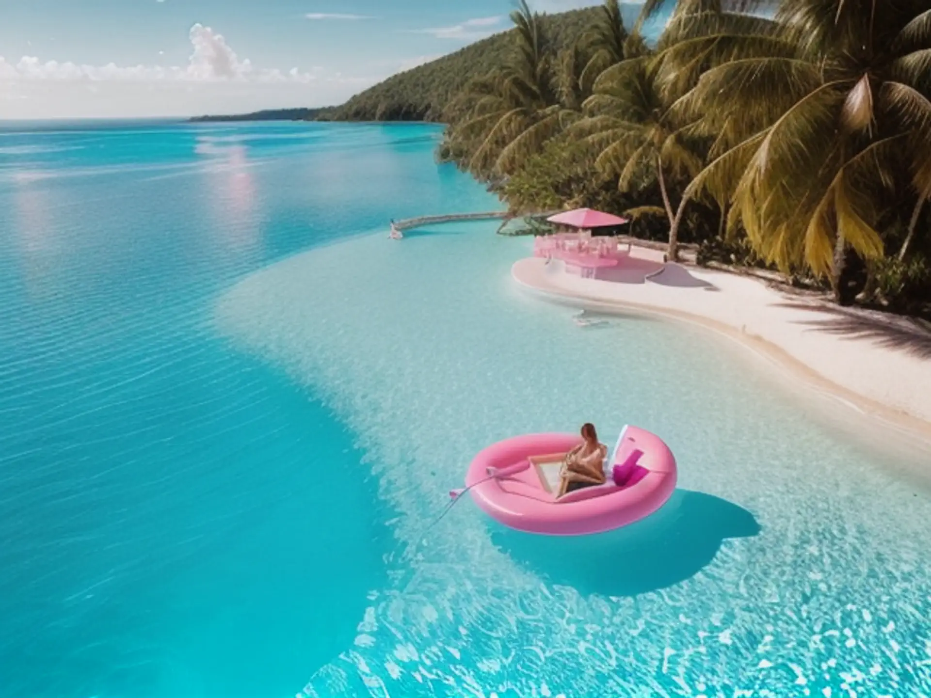 Tropisch paradijs met roze opblaasbaar eiland in turquoise water