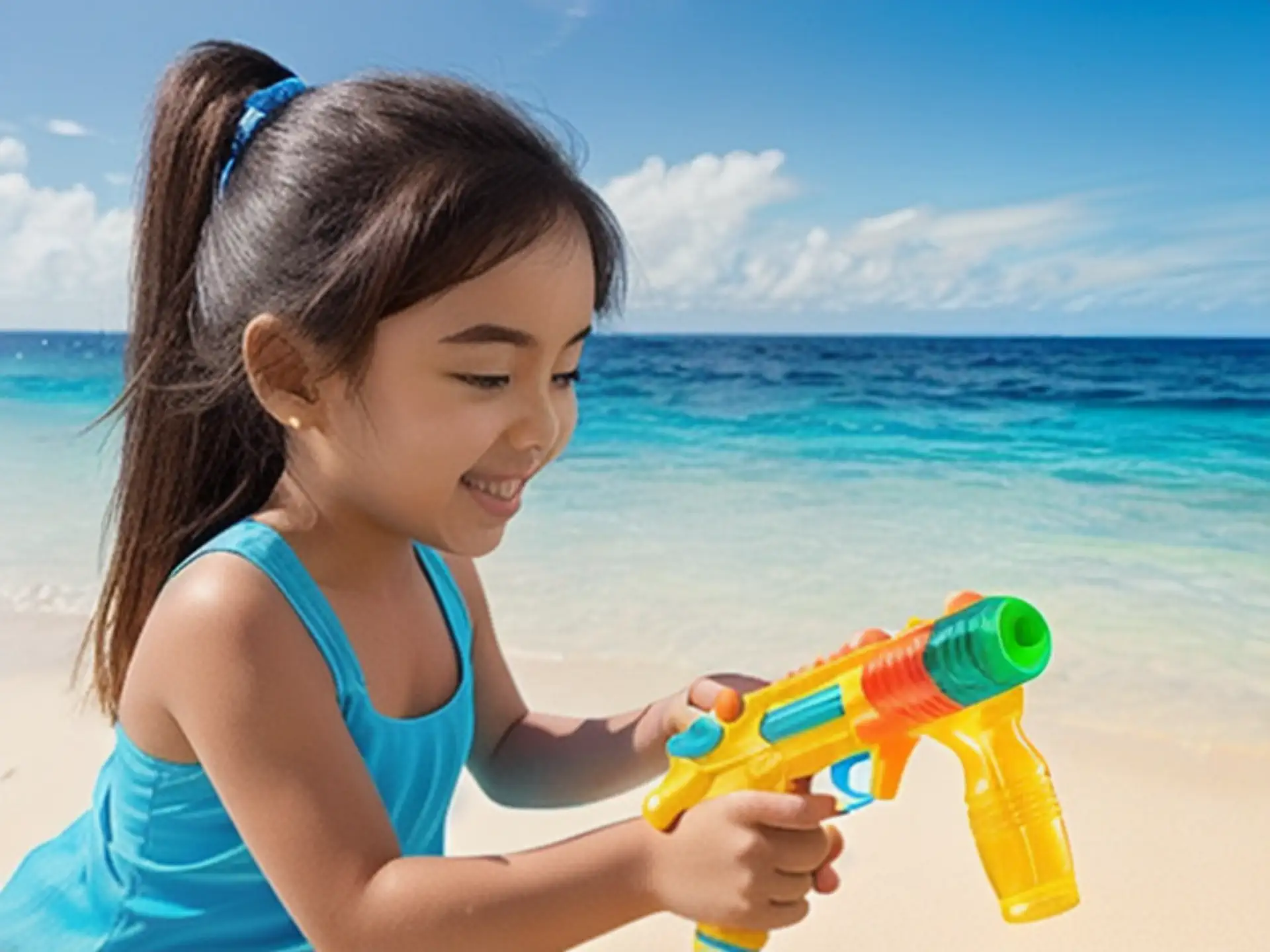 Zomers strandplezier met kleurrijk waterpistool aan tropische kust
