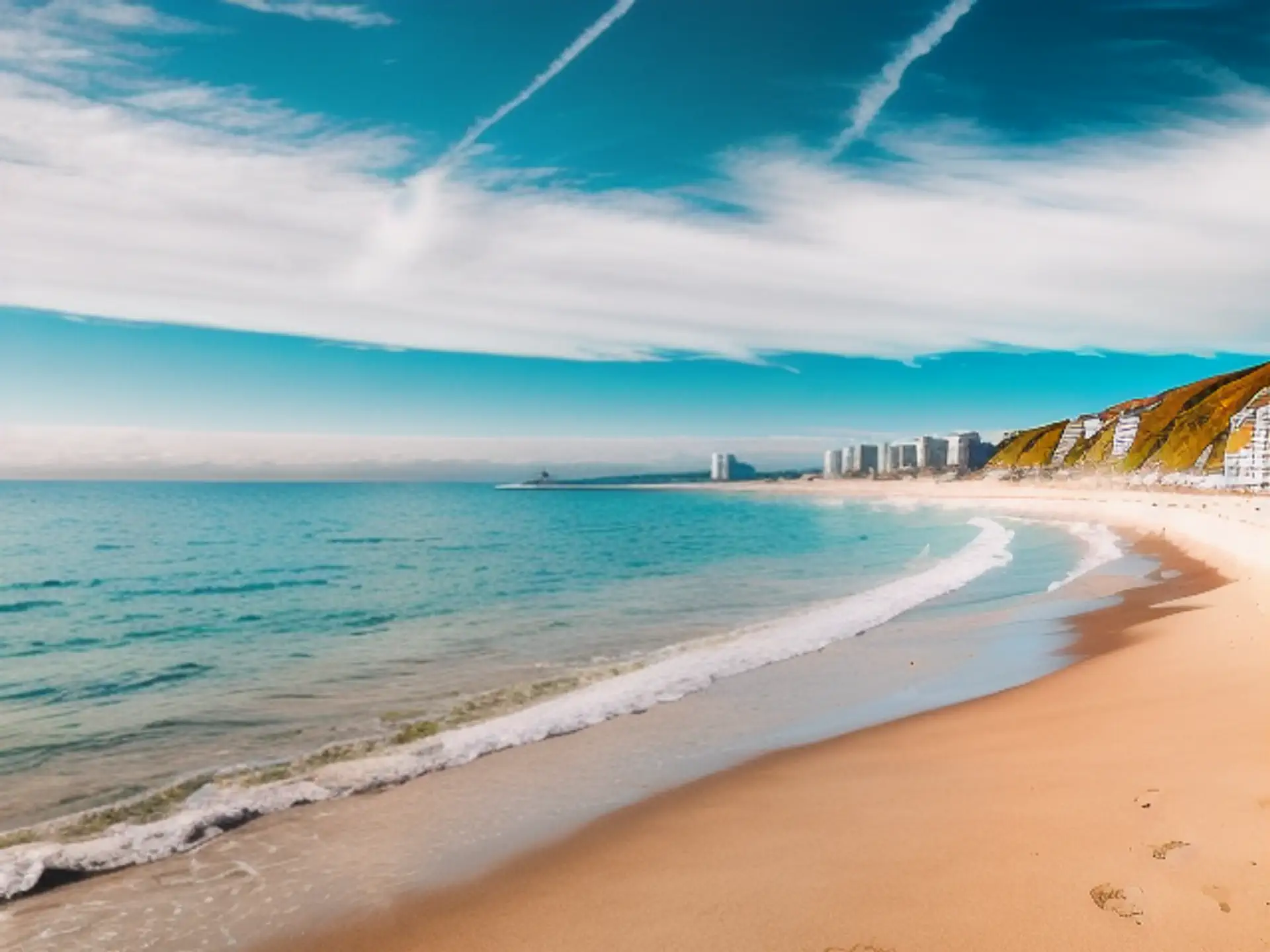 Paradijselijk strand met azuurblauwe zee en moderne kustflats