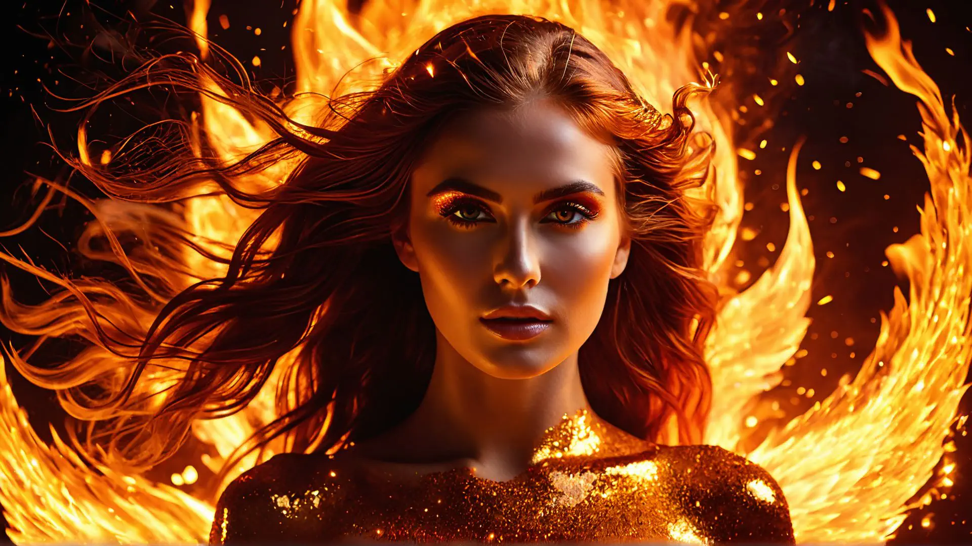 Artistiek vuurportret met gouden glitters en vlammen effect