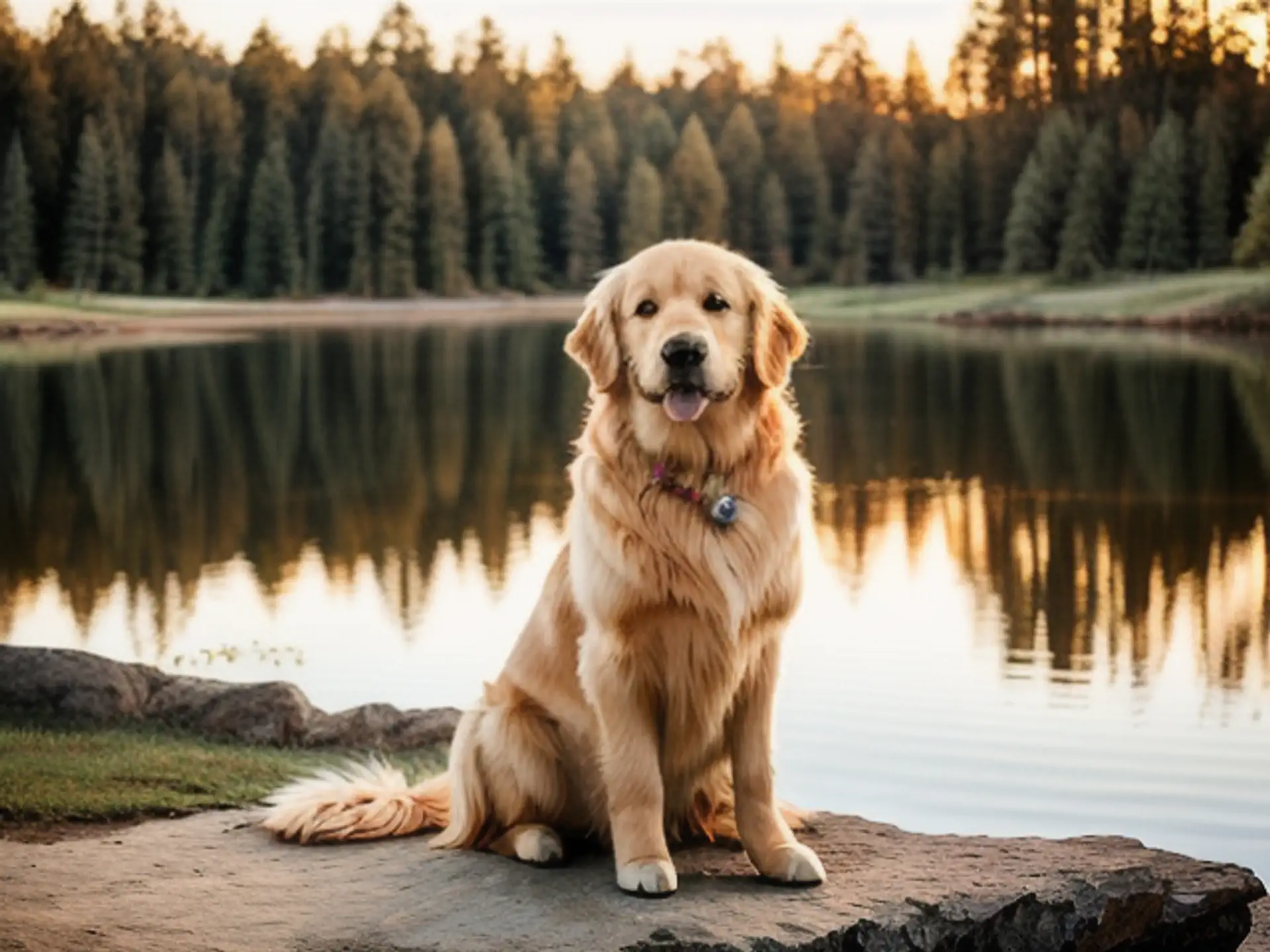 Vrolijke Golden Retriever bij bosmeertje tijdens gouden zonsondergang