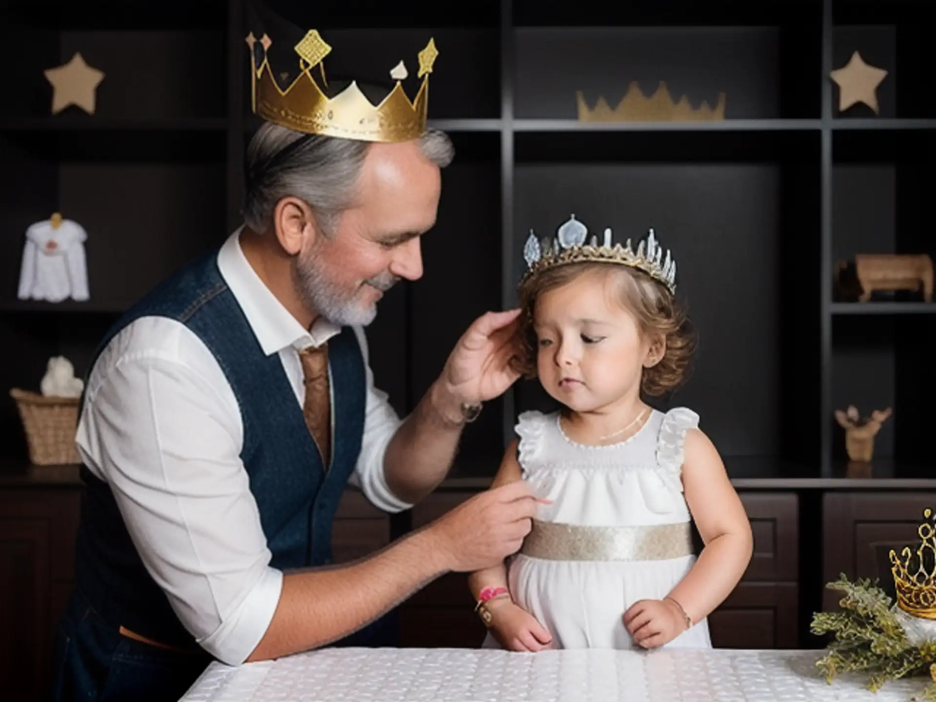 Magisch sprookjesmoment met gouden kronen en feestelijke sfeer