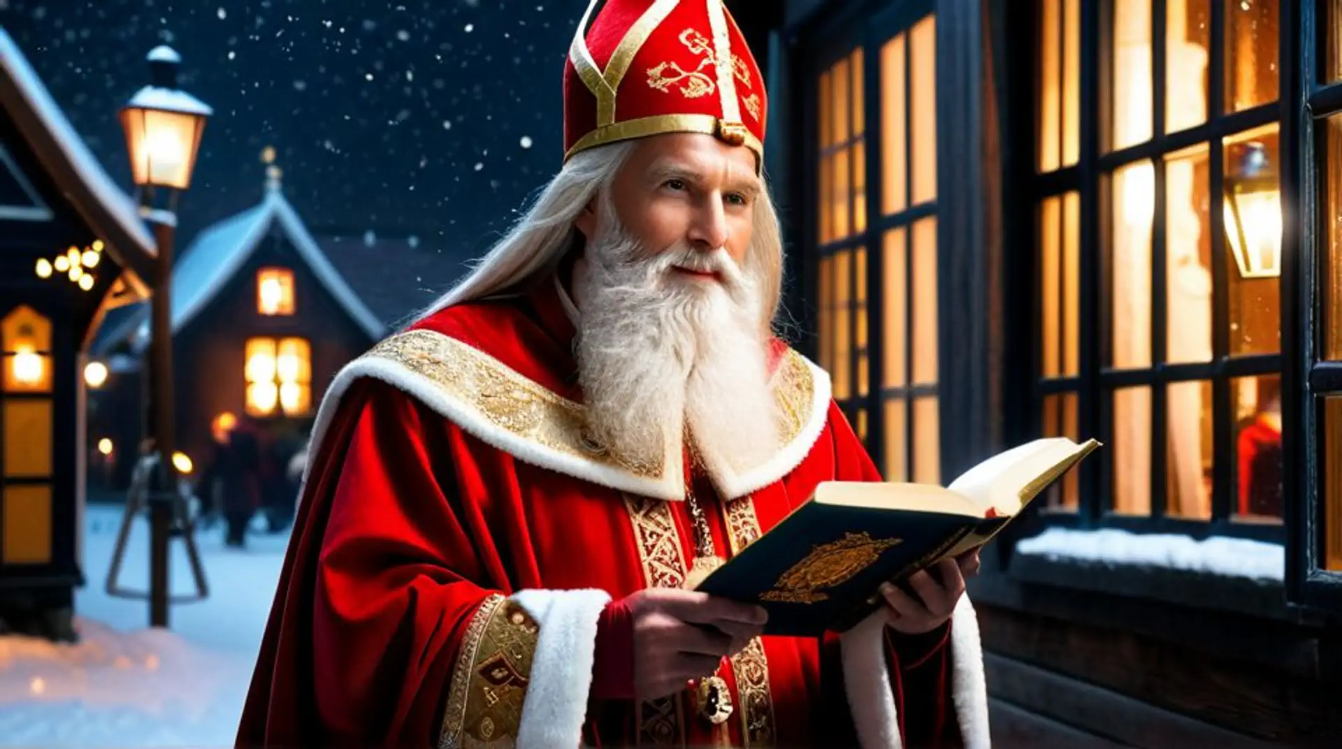 Sinterklaas leest uit groot boek tijdens sfeervol winteravond tafereel