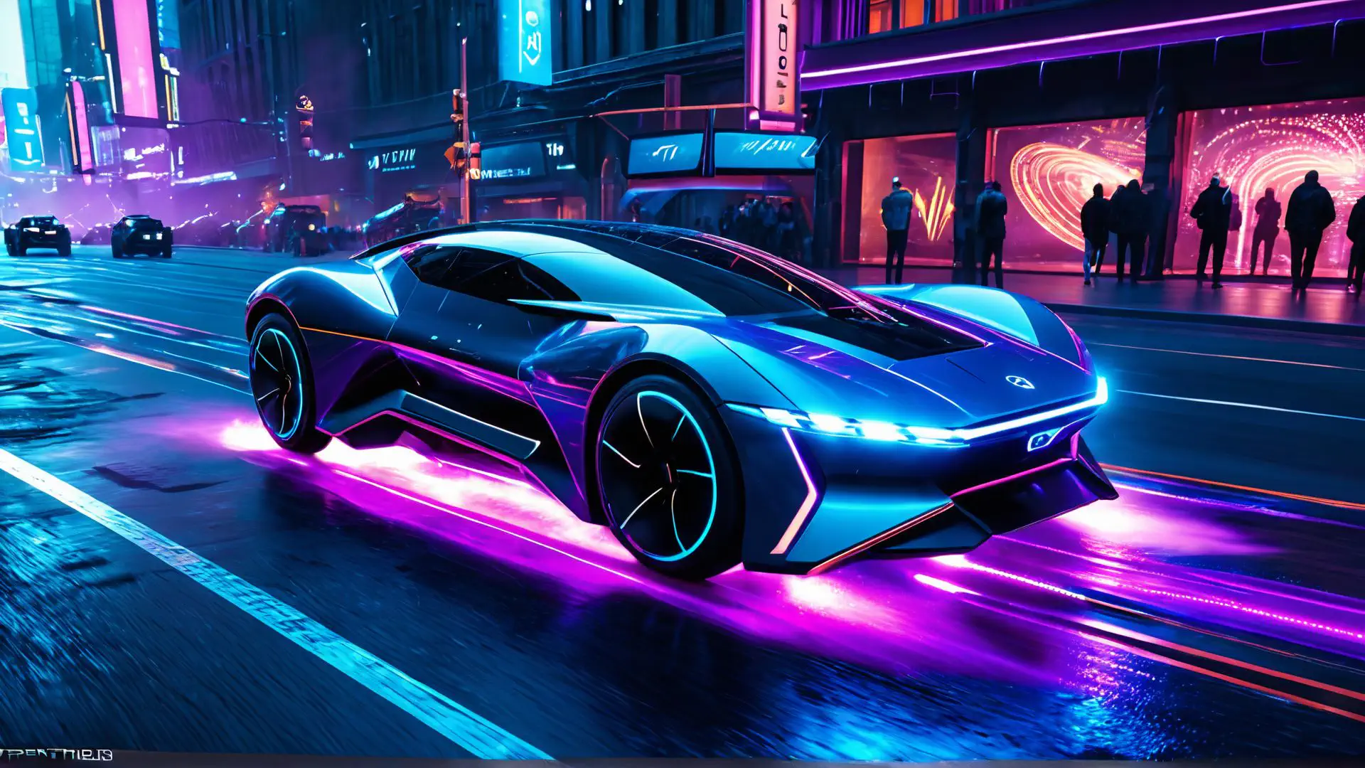 Futuristische sportwagen in neonverlichte cyberpunk stadsomgeving