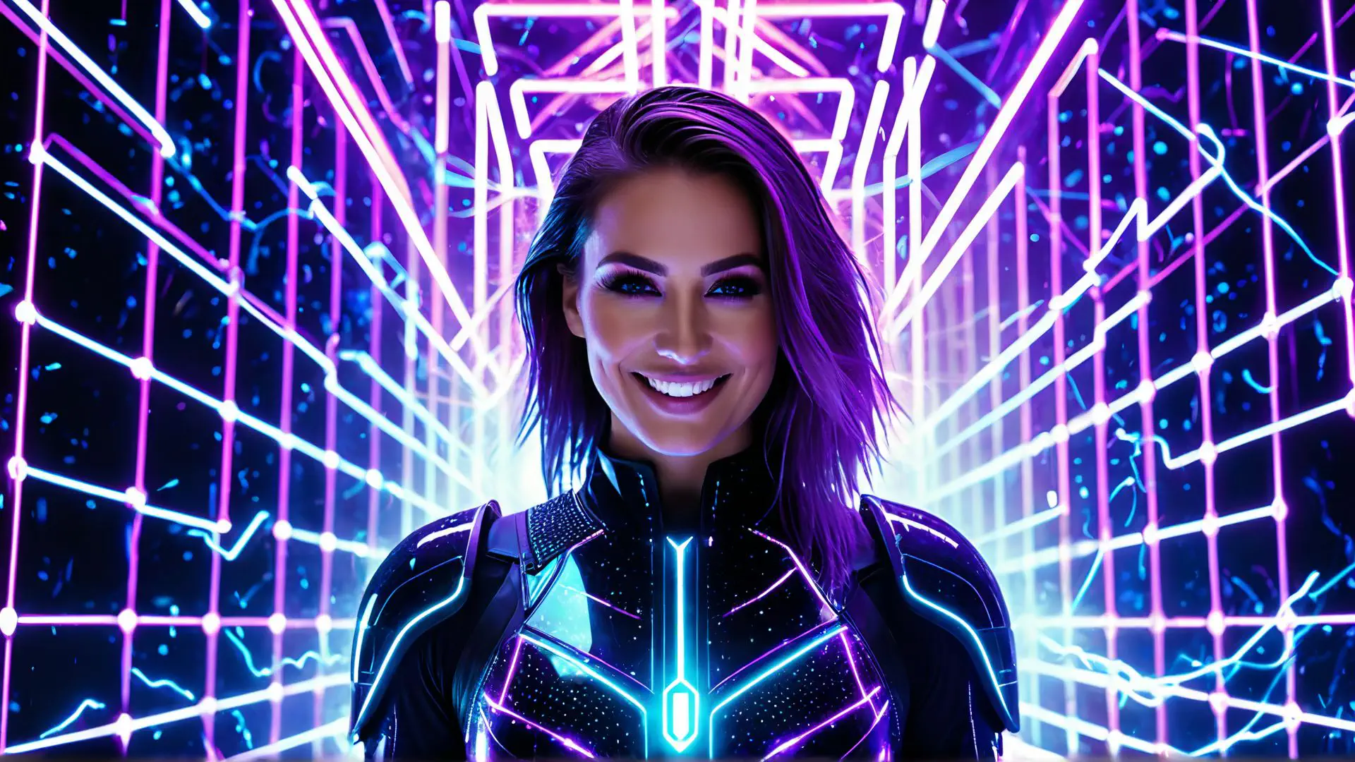 Futuristische neon portretfoto met cyberpunk kostuum en lichteffecten