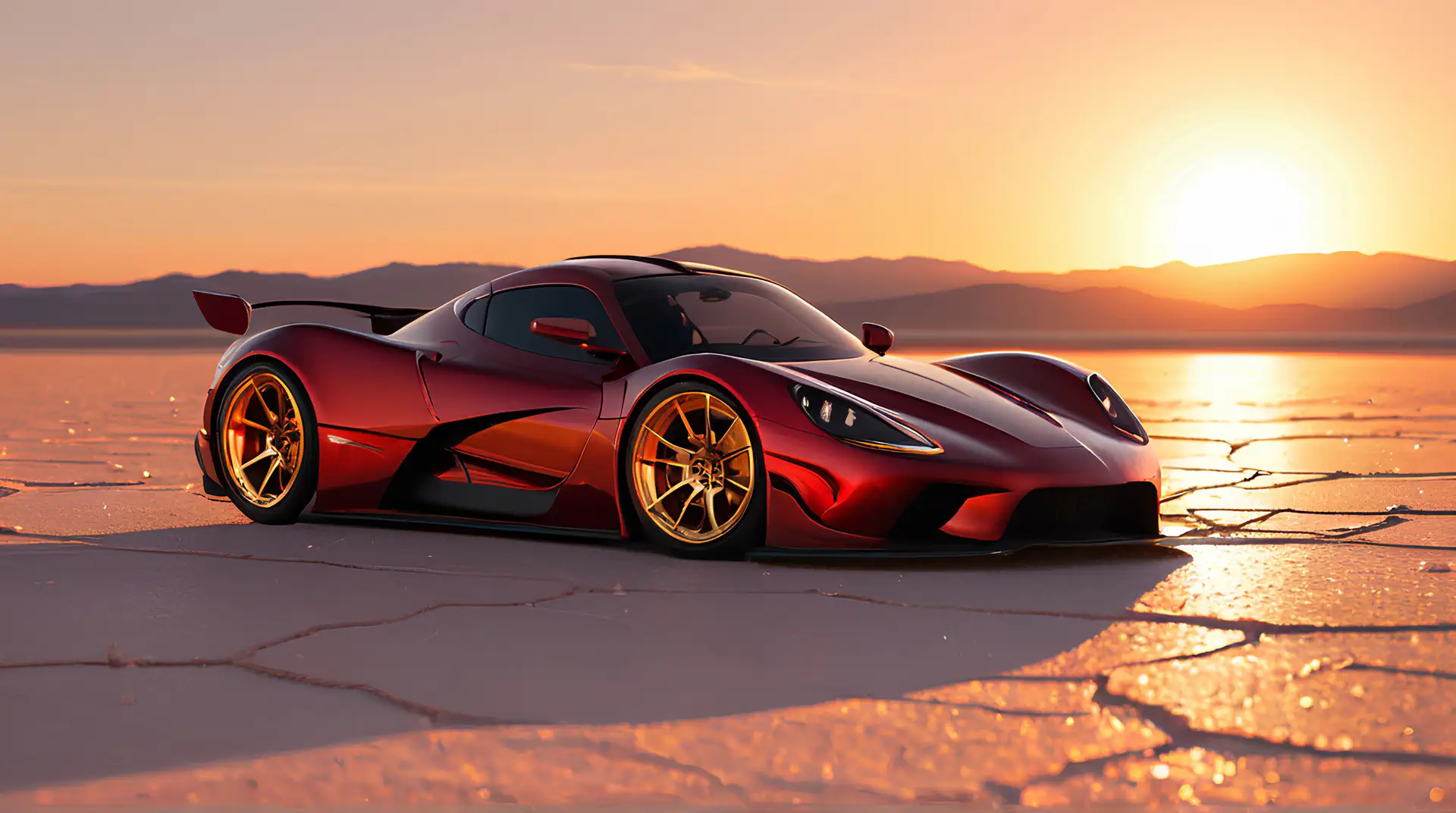 Rode Hypercar op Zoutvlakte bij Gouden Zonsondergang 4K Wallpaper