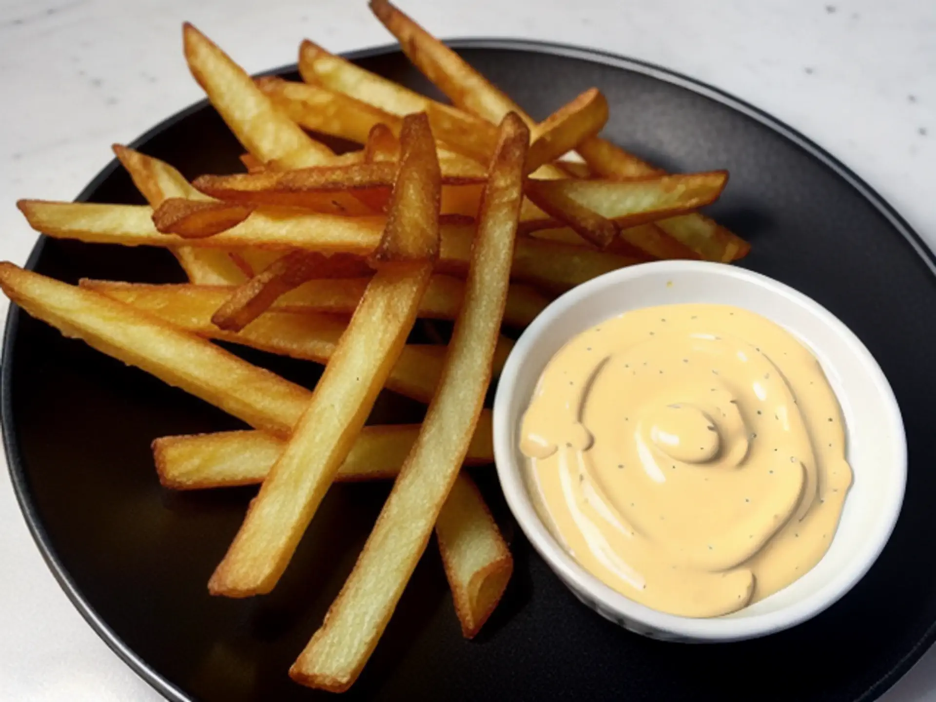 Knapperige friet met romige frietsaus op zwart bord - food fotografie
