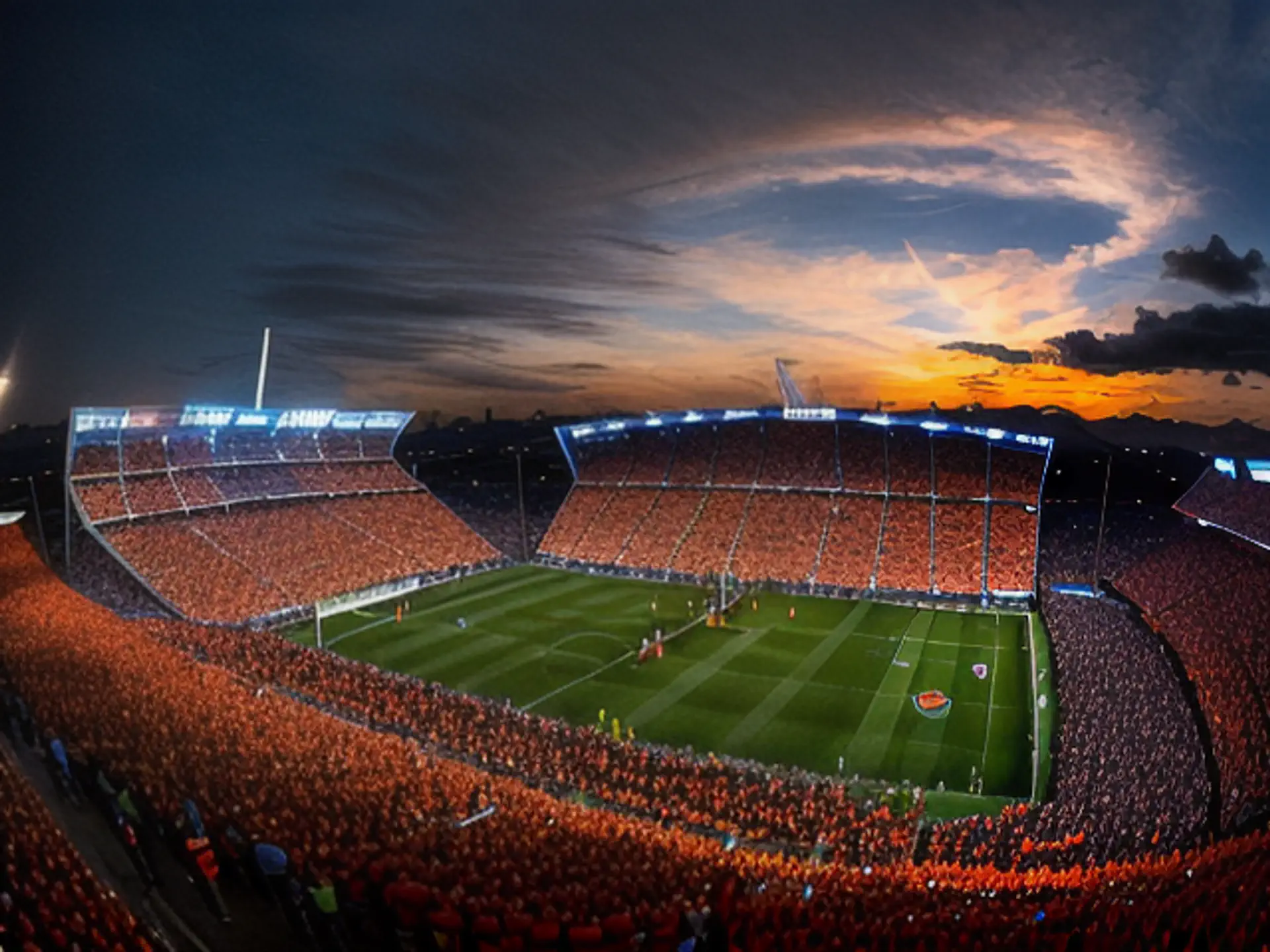 Sfeervol verlicht voetbalstadion tijdens zonsondergang met oranje