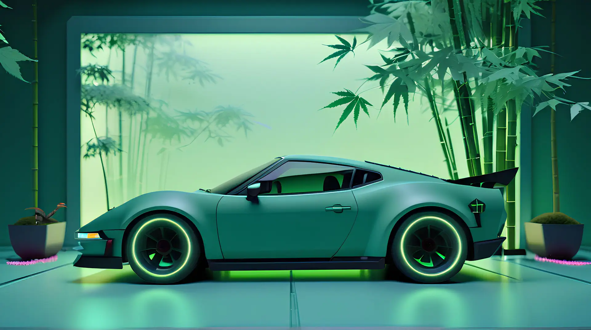 Mintgroene Sportwagen in Japanse Zen Tuin 4K Wallpaper