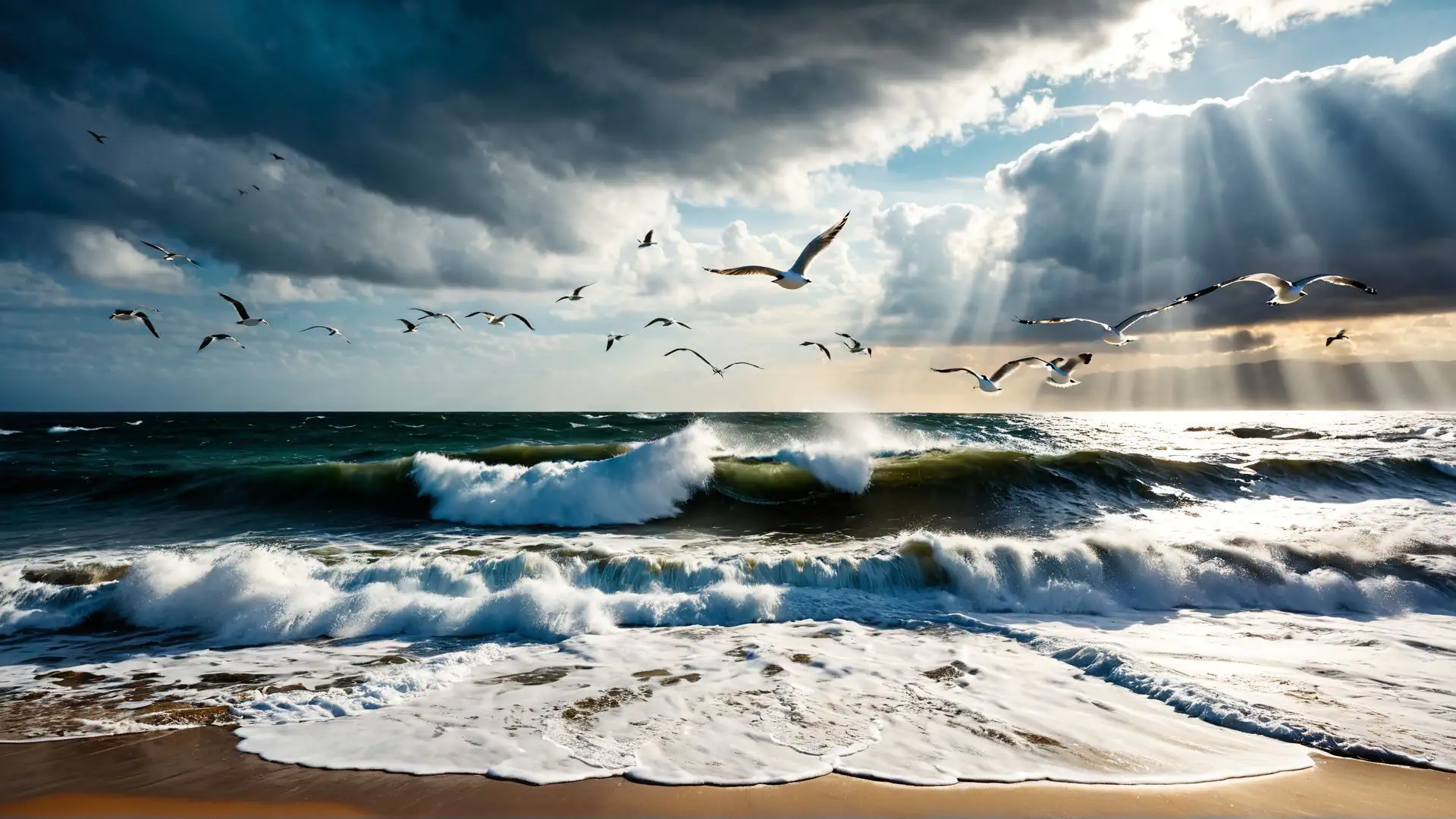 Stormachtige Noordzee met meeuwen en dramatische zonnestralen