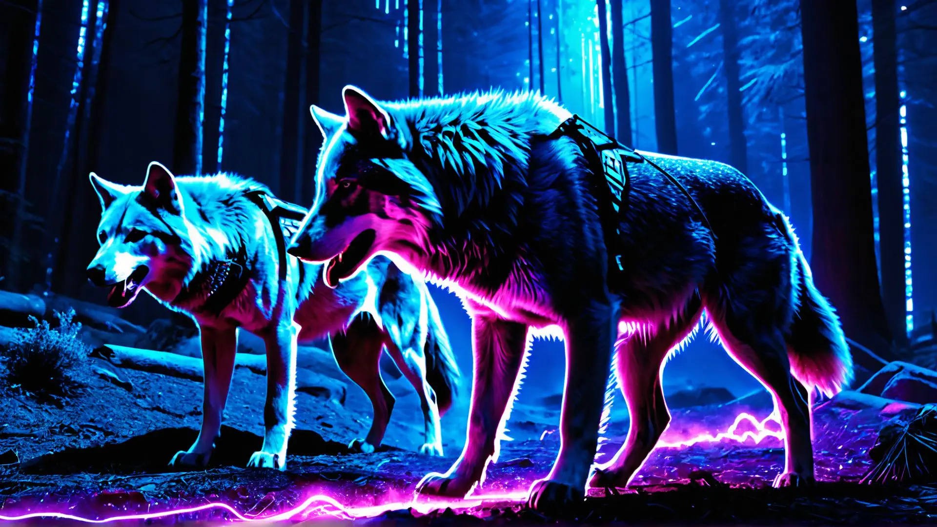 Mysterieuze wolven in neon verlicht nachtwoud met paars-blauwe gloed