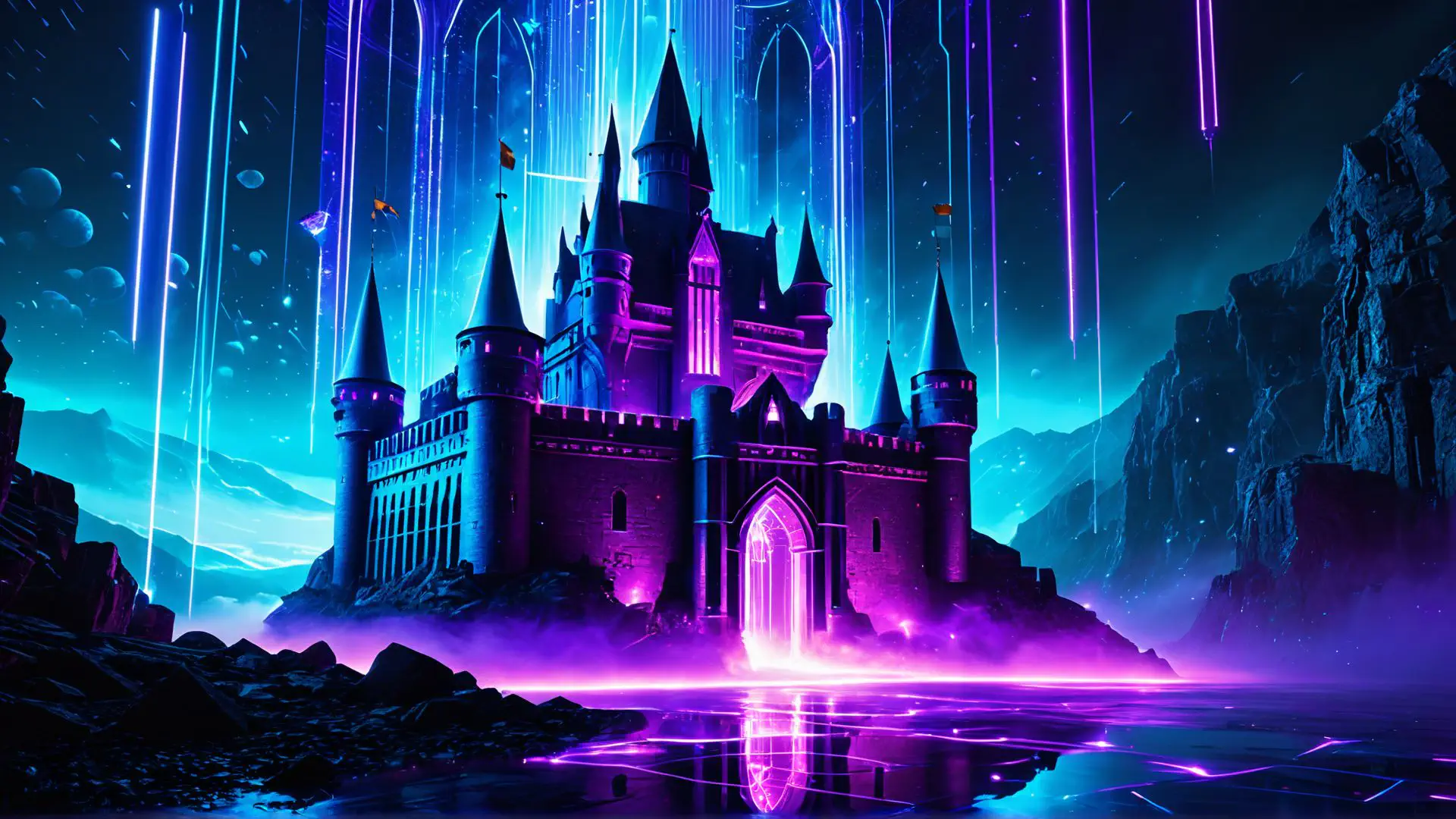 Magisch kasteel in neonlicht met paarse en blauwe mystieke gloed