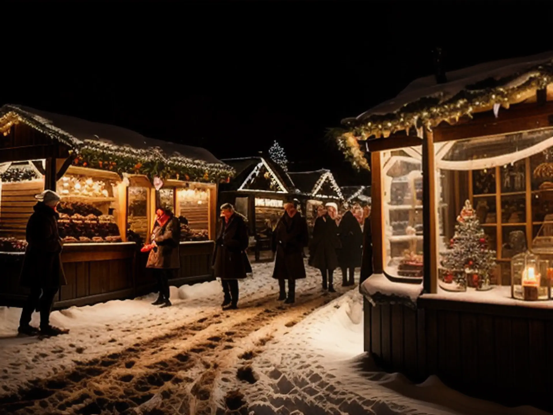 Sfeervol verlichte kerstmarkt in de sneeuw met houten kraampjes