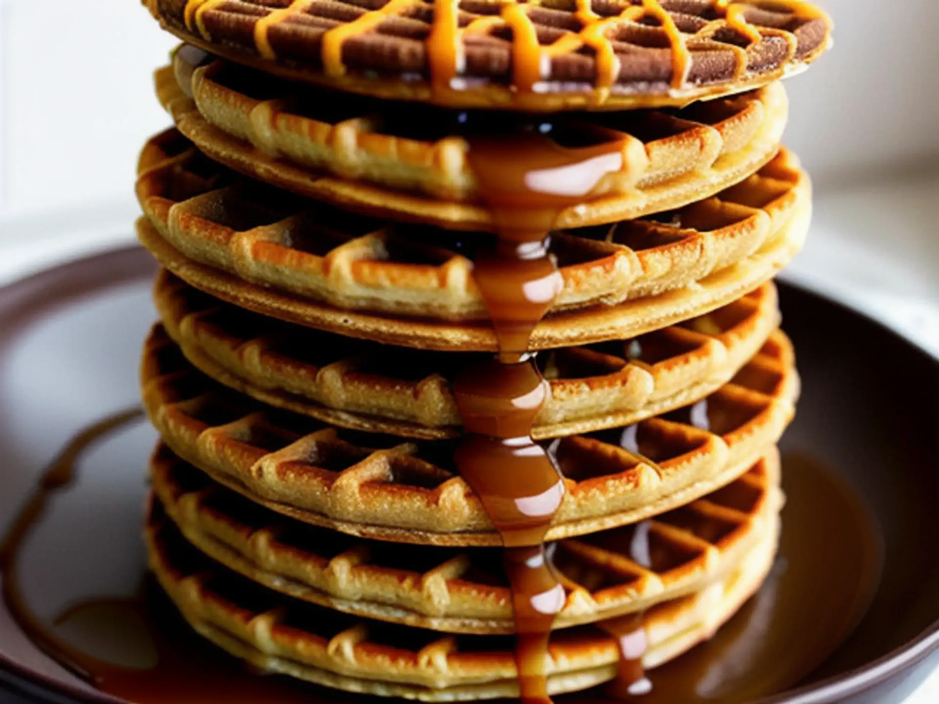 Gestapelde wafels met warme karamelsaus in verleidelijke toren