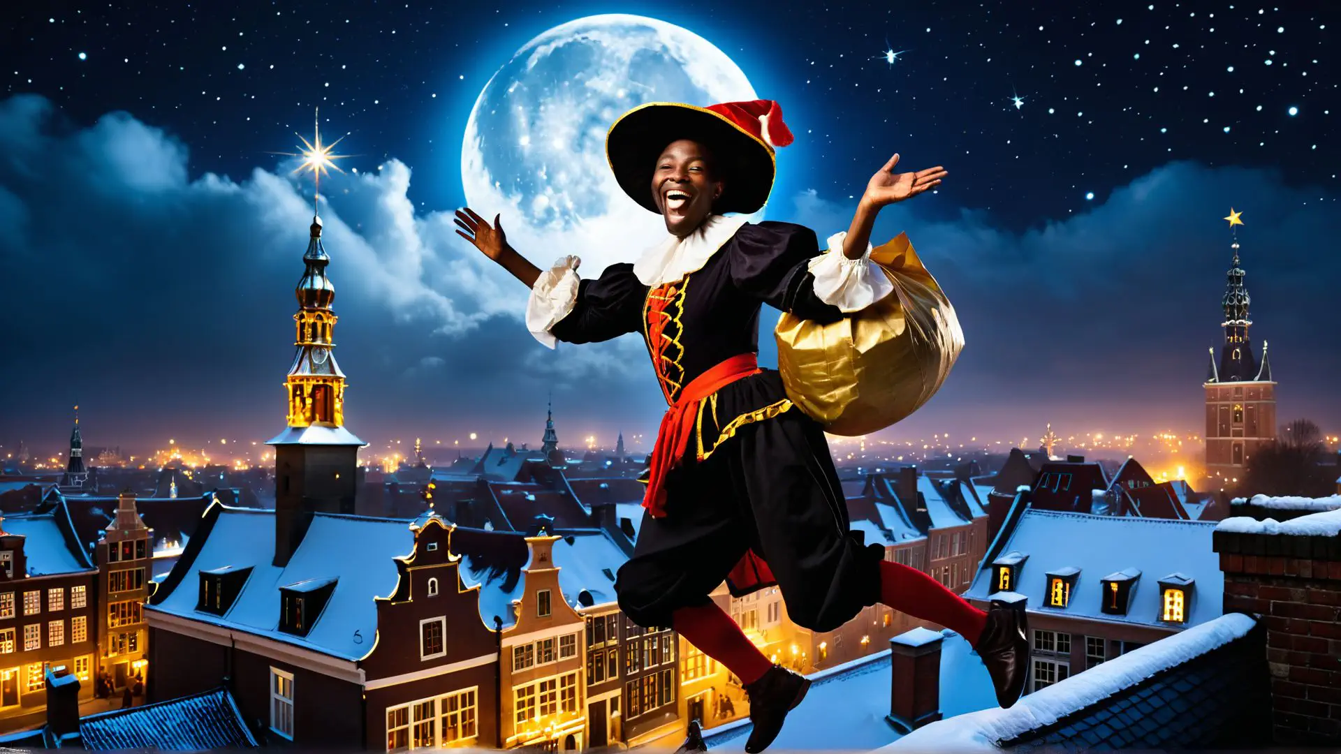 Magische Zwarte Piet springt over besneeuwde Amsterdamse daken bij