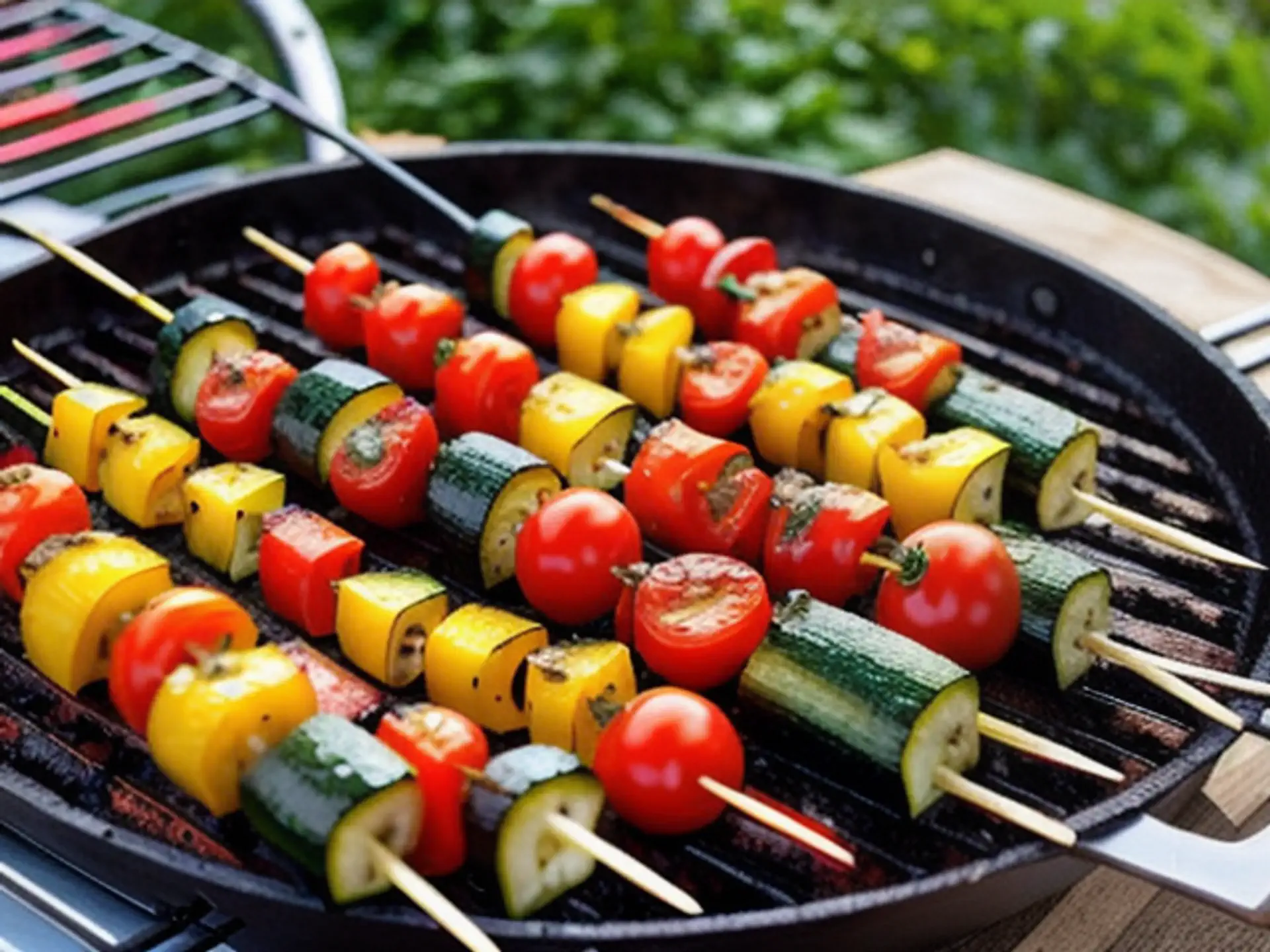Kleurrijke groentespiesjes op barbecue met courgette en tomaatjes