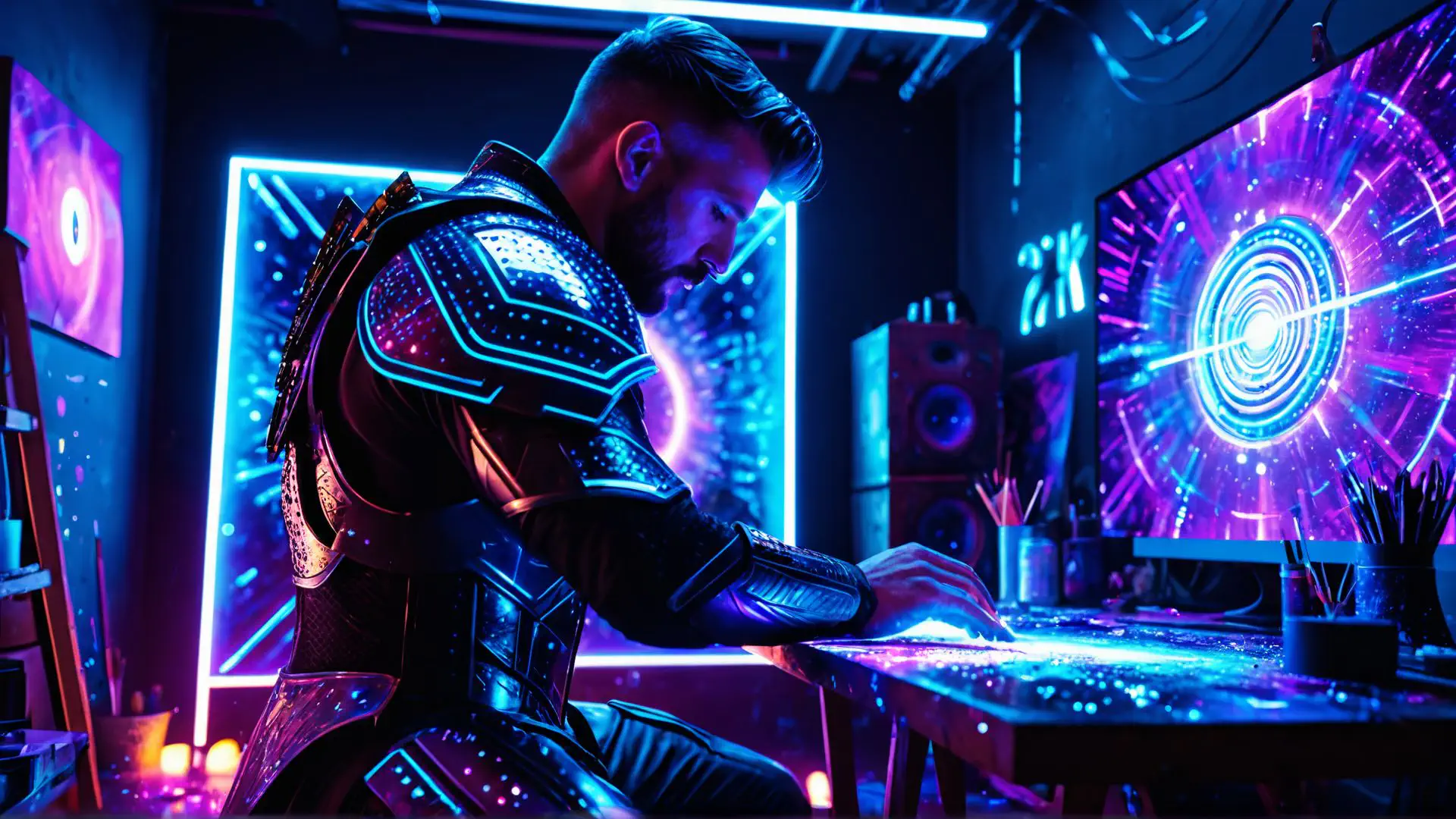 Futuristische neonverlichting met cyberpunk kostuum in gaming studio